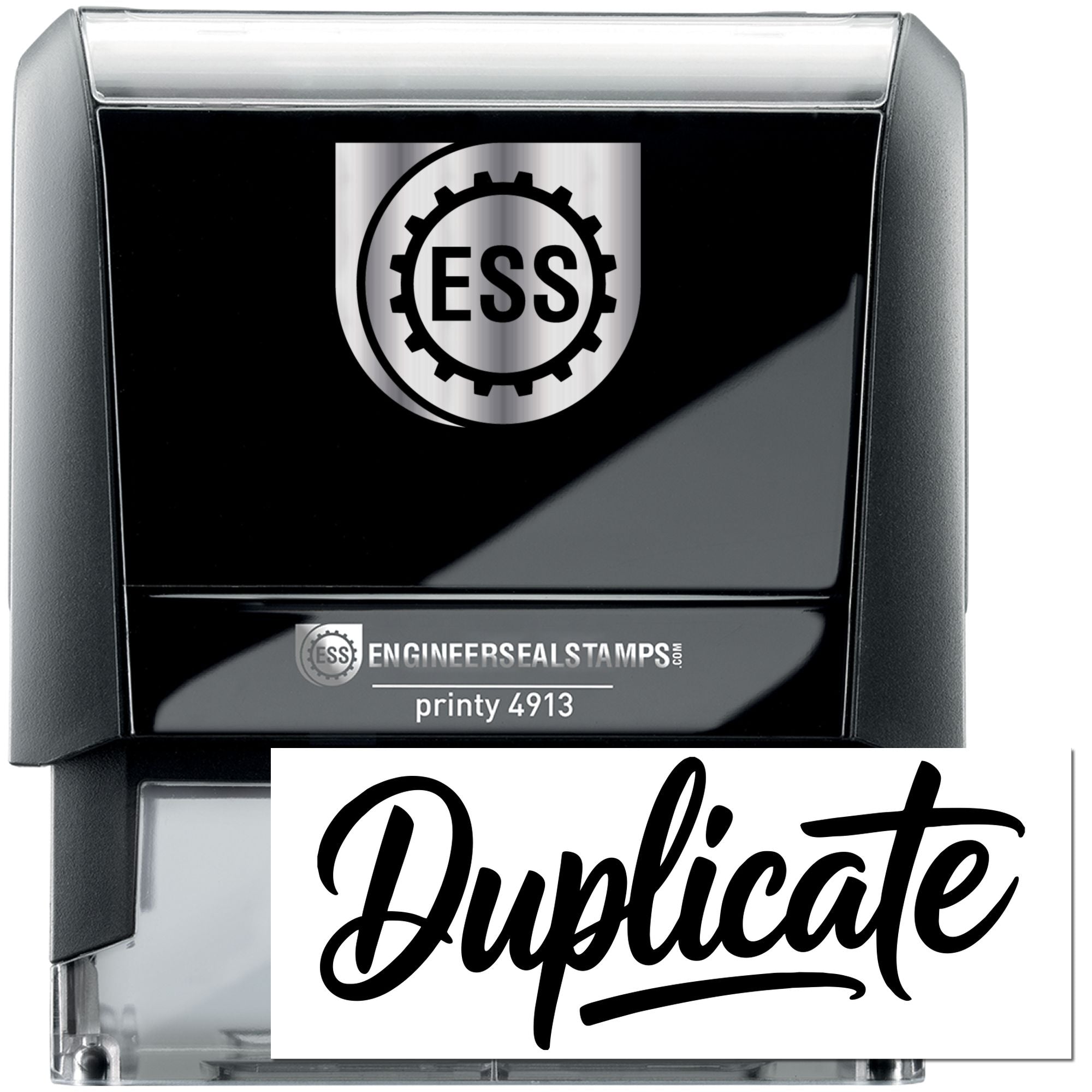 Black and silver self-inking stamp and seal with ESS logo and Duplicate imprint