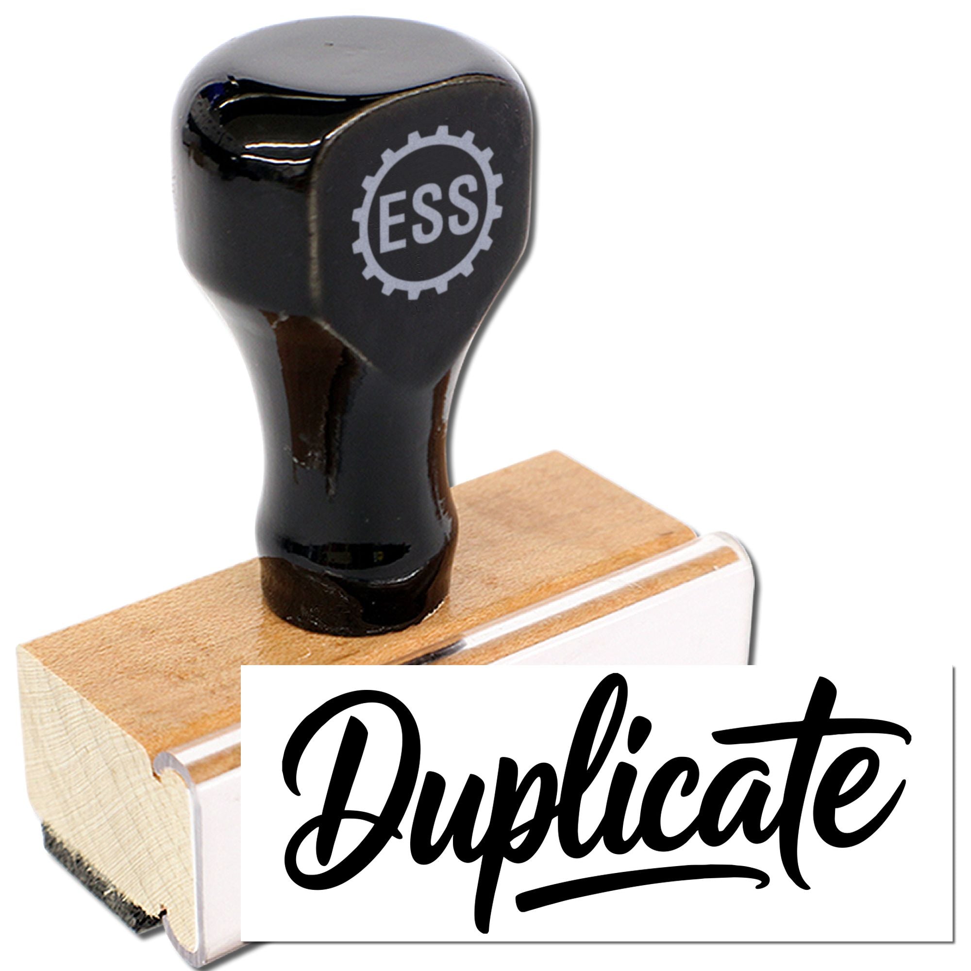 Black ESS stamp with tan wooden base and white duplicate seal text