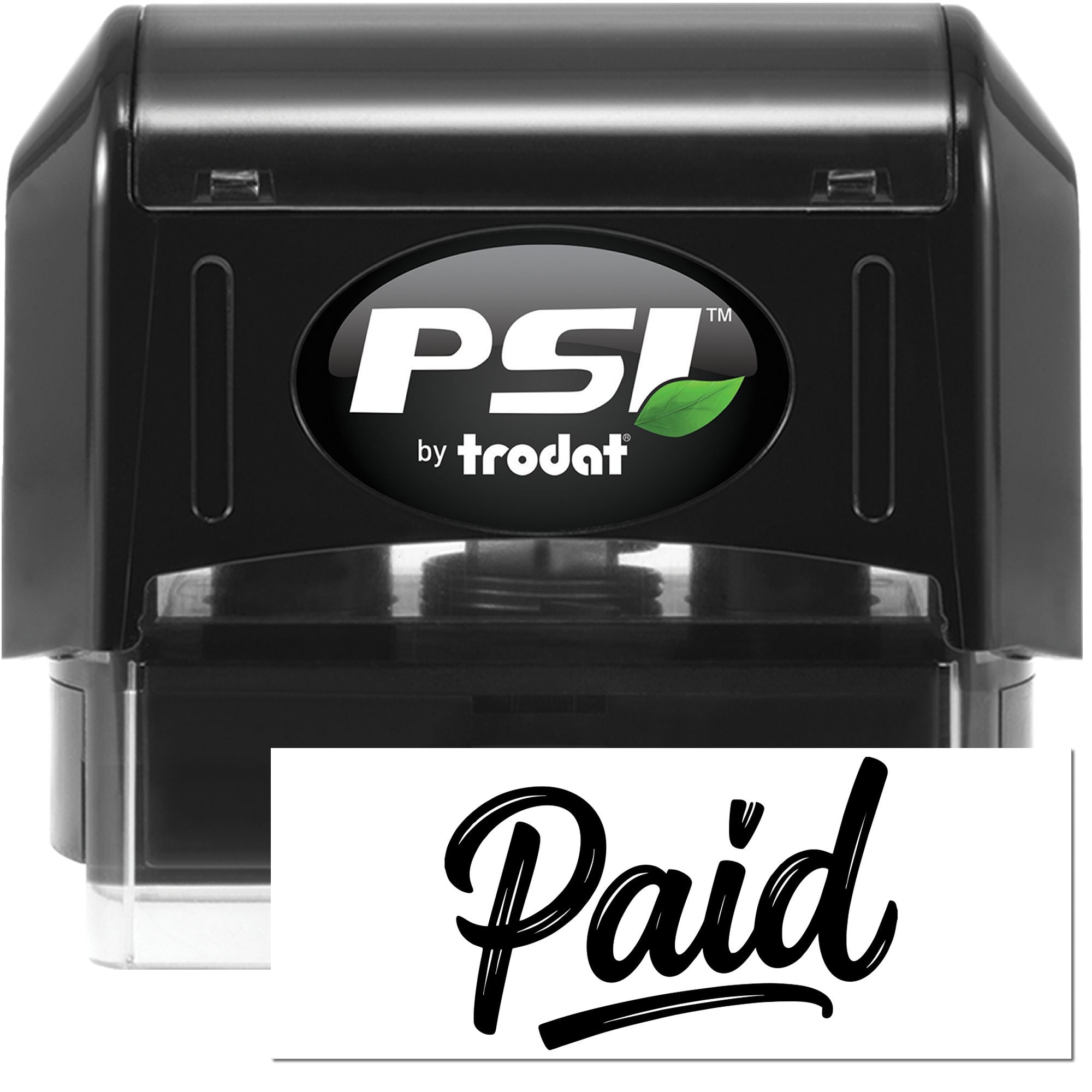 Black PSI by Trodat self-inking stamp and seal with green leaf logo, showing a bold black Paid impression.