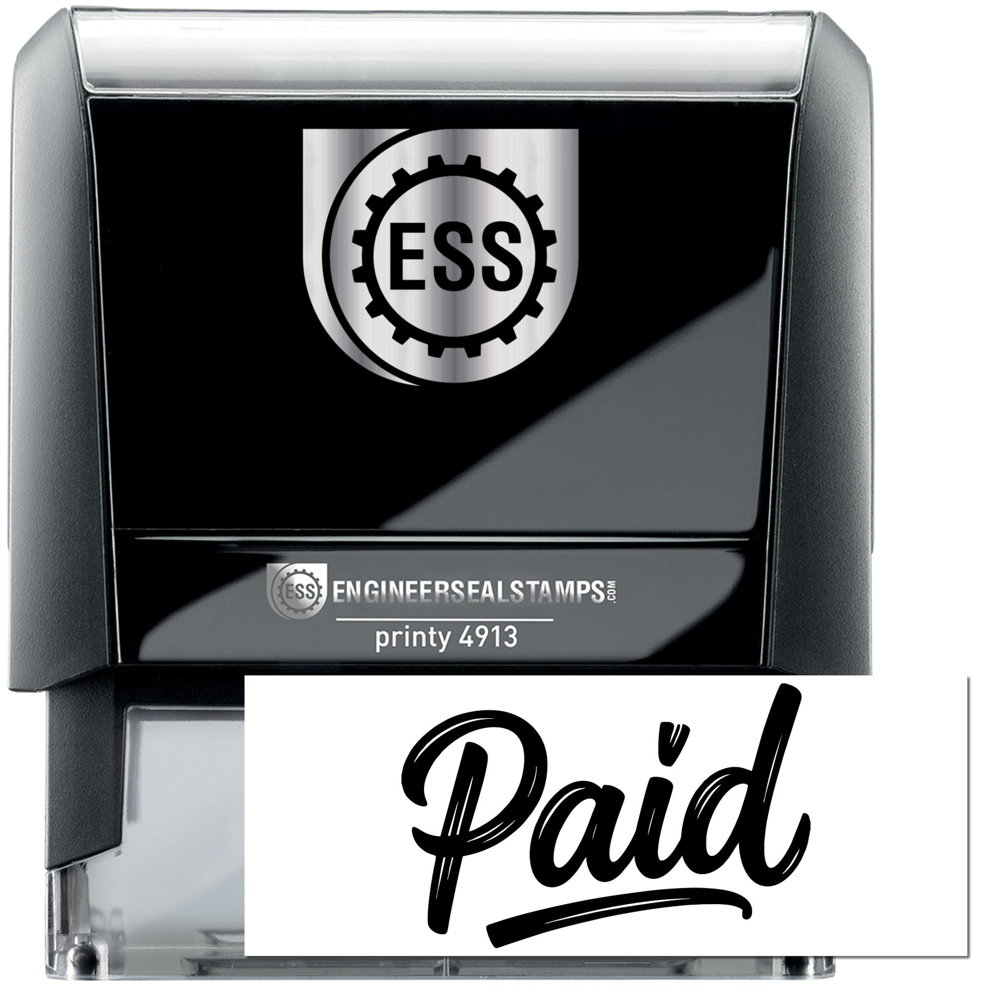 Black and silver ESS engineer seal self-inking stamp with gear logo and bold Paid imprint