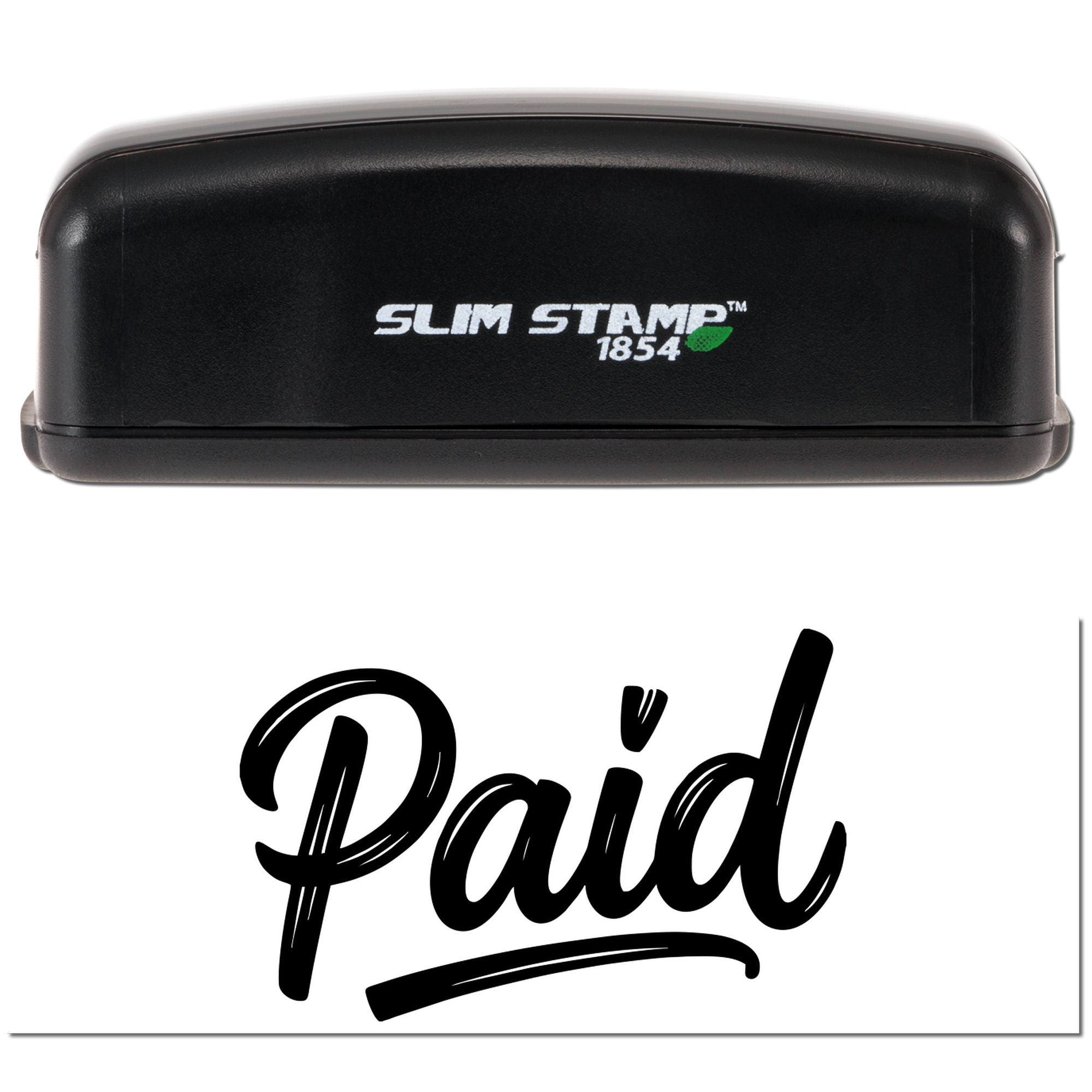 Black Slim Stamp 1854 self-inking stamp with bold Paid seal imprint in black on a white background.