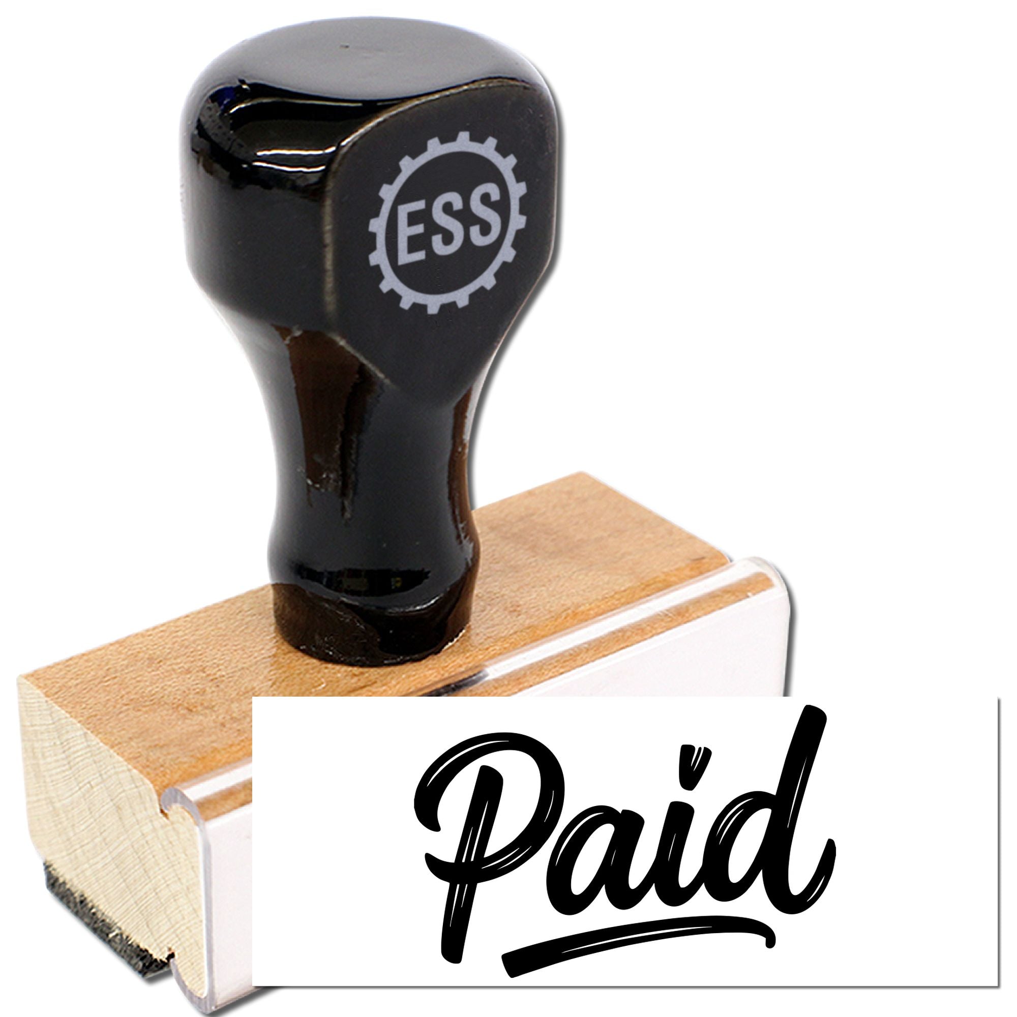 Black ESS stamp and seal with wooden base, showing bold Paid imprint on white card