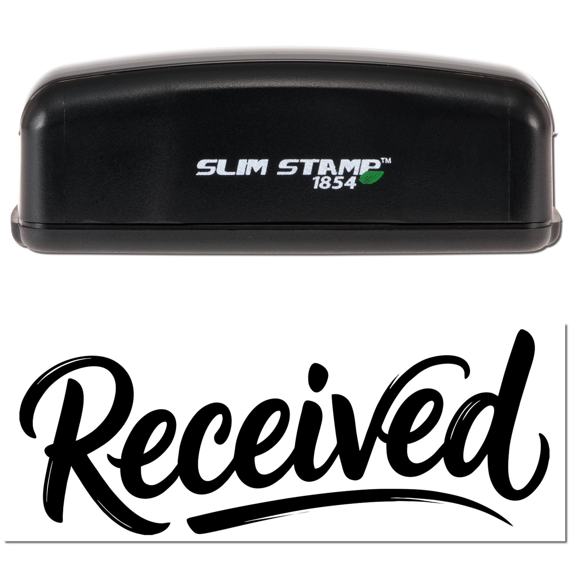 Black Slim Stamp 1854 self-inking stamp with green leaf logo and bold Received seal on white background.