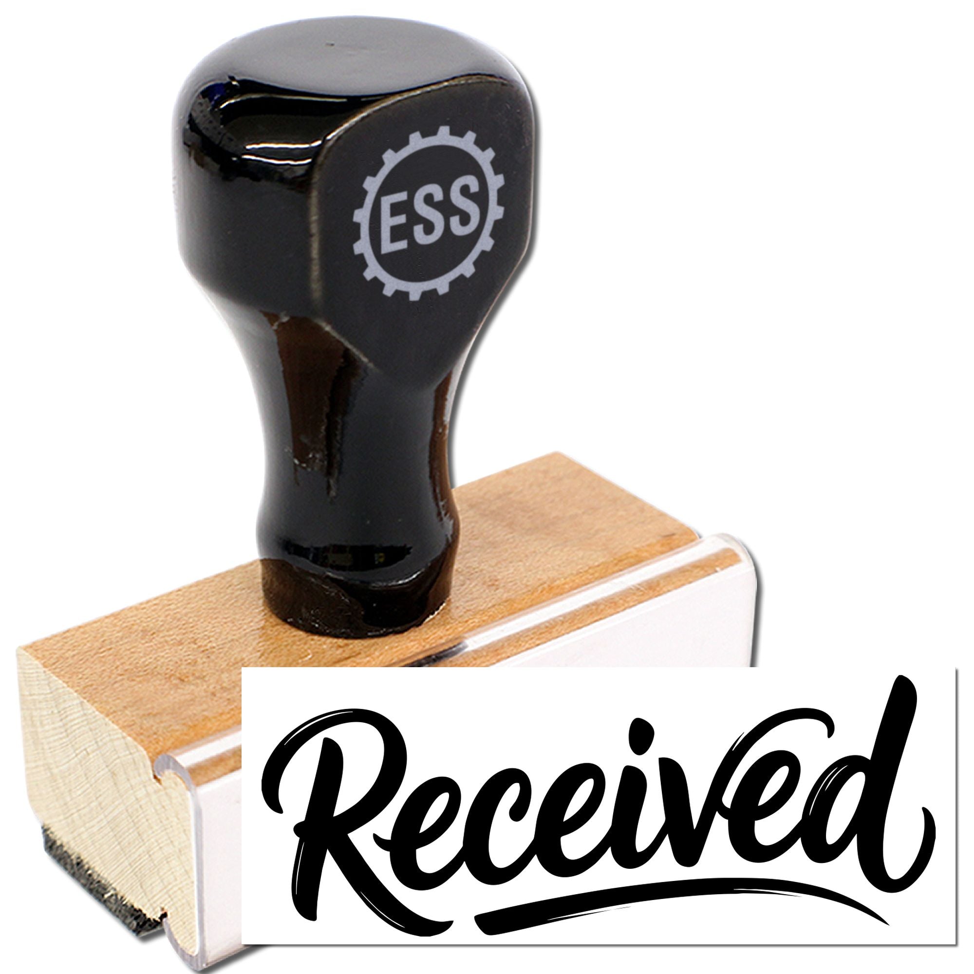 Black ESS rubber stamp on wooden base with Received seal impression