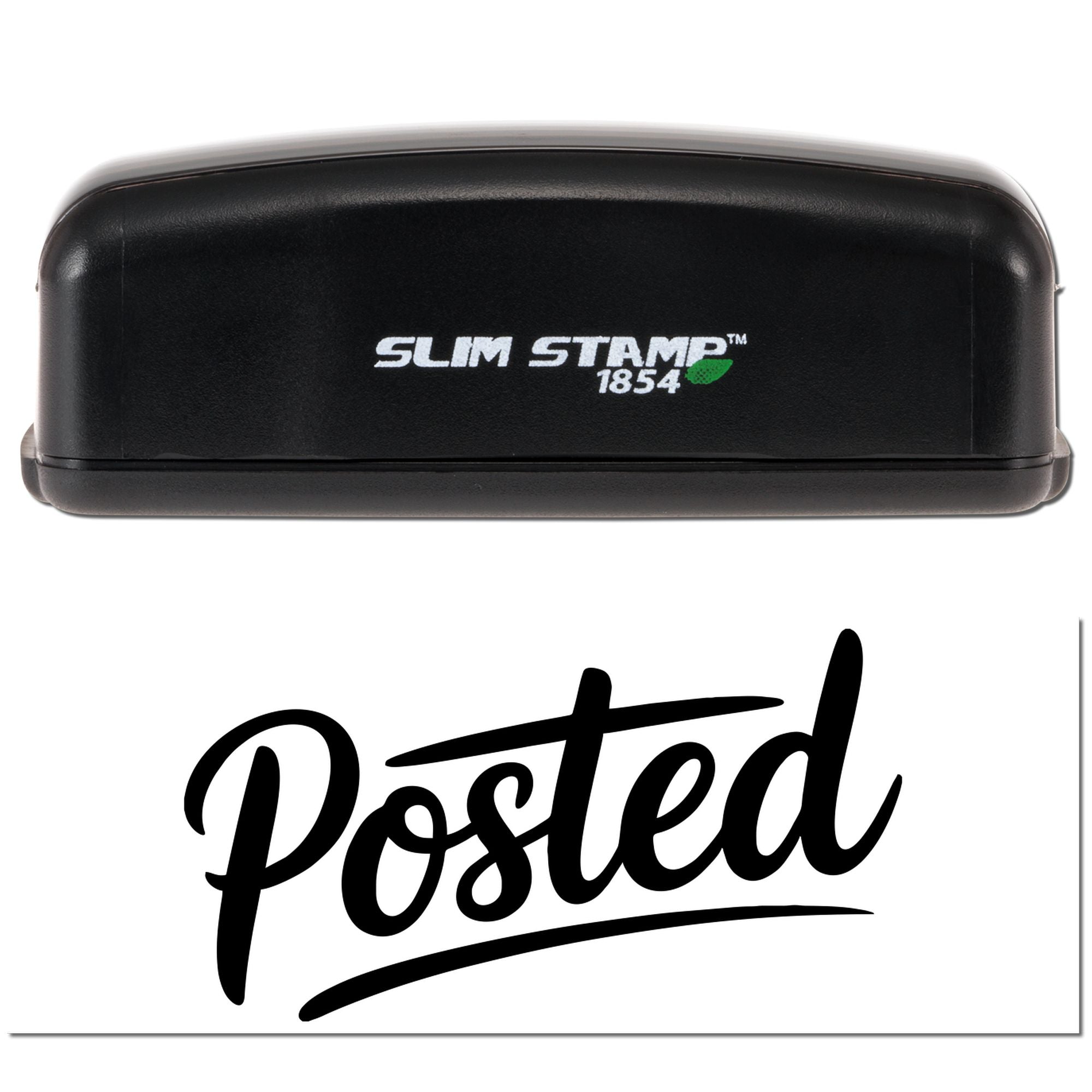 Black Slim Stamp 1854 self-inking stamp with Posted seal impression on white background