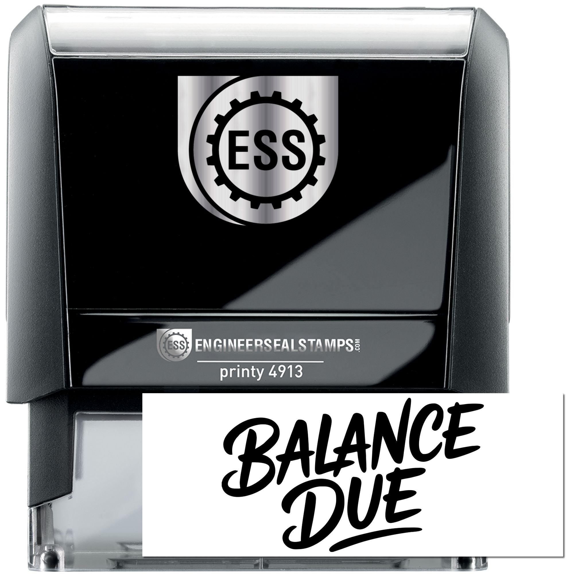 Black self-inking engineer seal stamp with silver ESS logo and Balance Due imprint