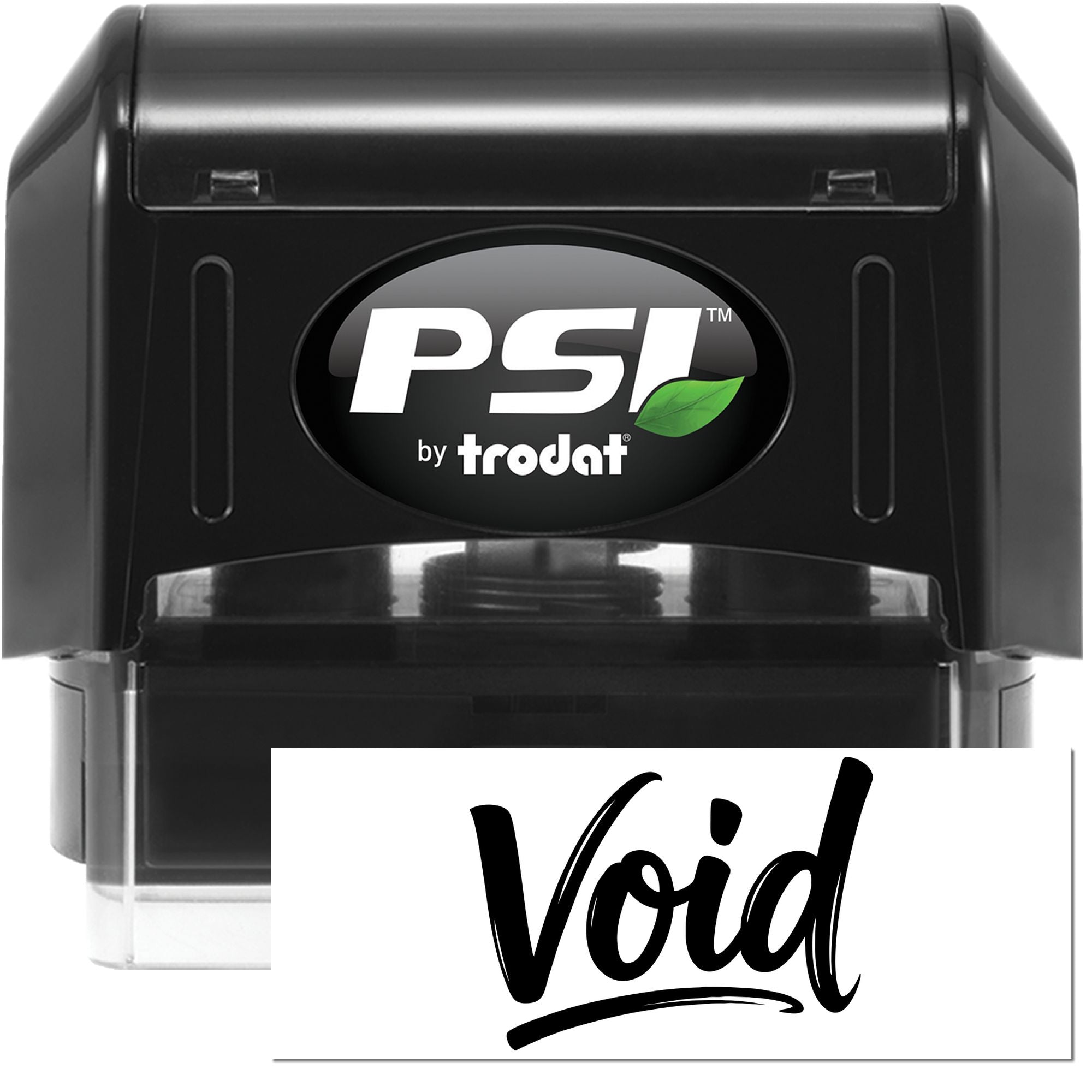 Black PSI by Trodat self-inking stamp and seal with green leaf logo, showing a bold Void imprint.