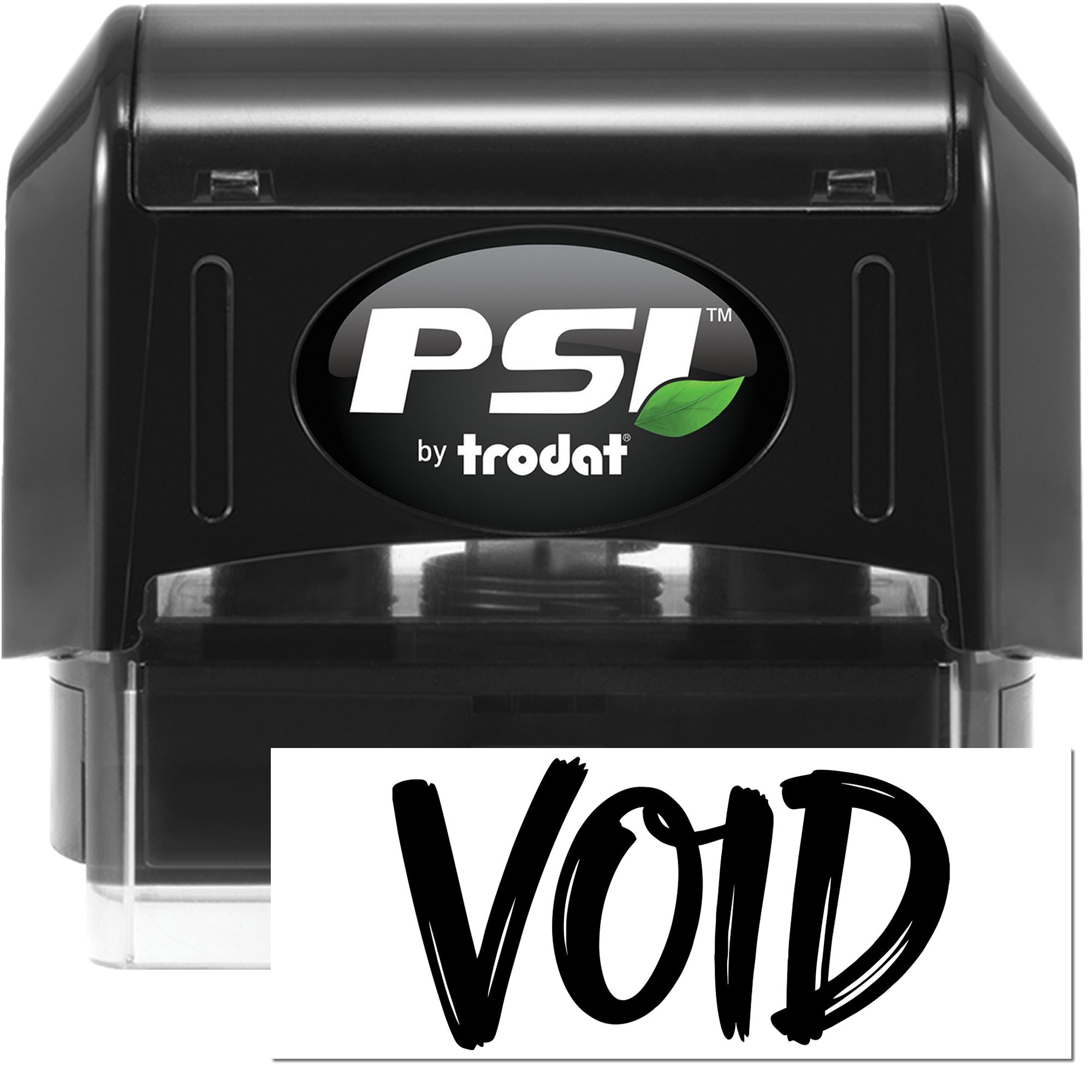 Black PSI by Trodat self-inking stamp with VOID security seal, green leaf logo, and clear plastic base