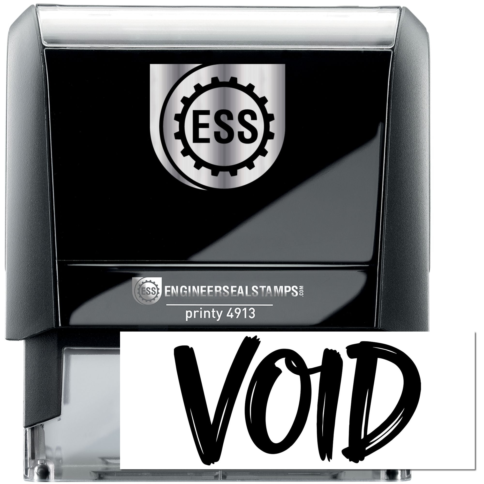 Black self-inking engineer seal stamp with silver ESS logo and VOID marking on clear plastic body