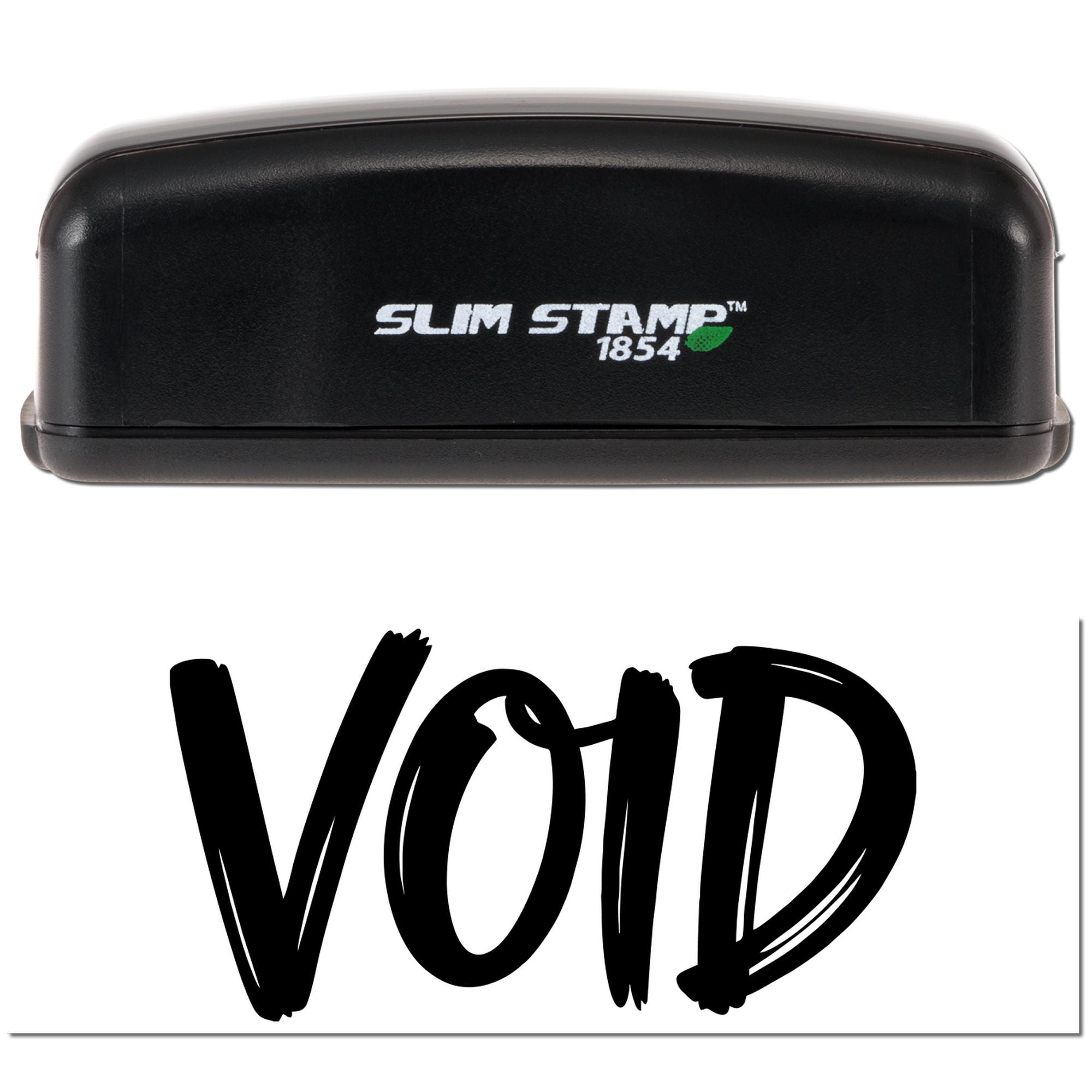 Black Slim Stamp 1854 stamp and VOID seal with white lettering and green leaf logo on a white background.