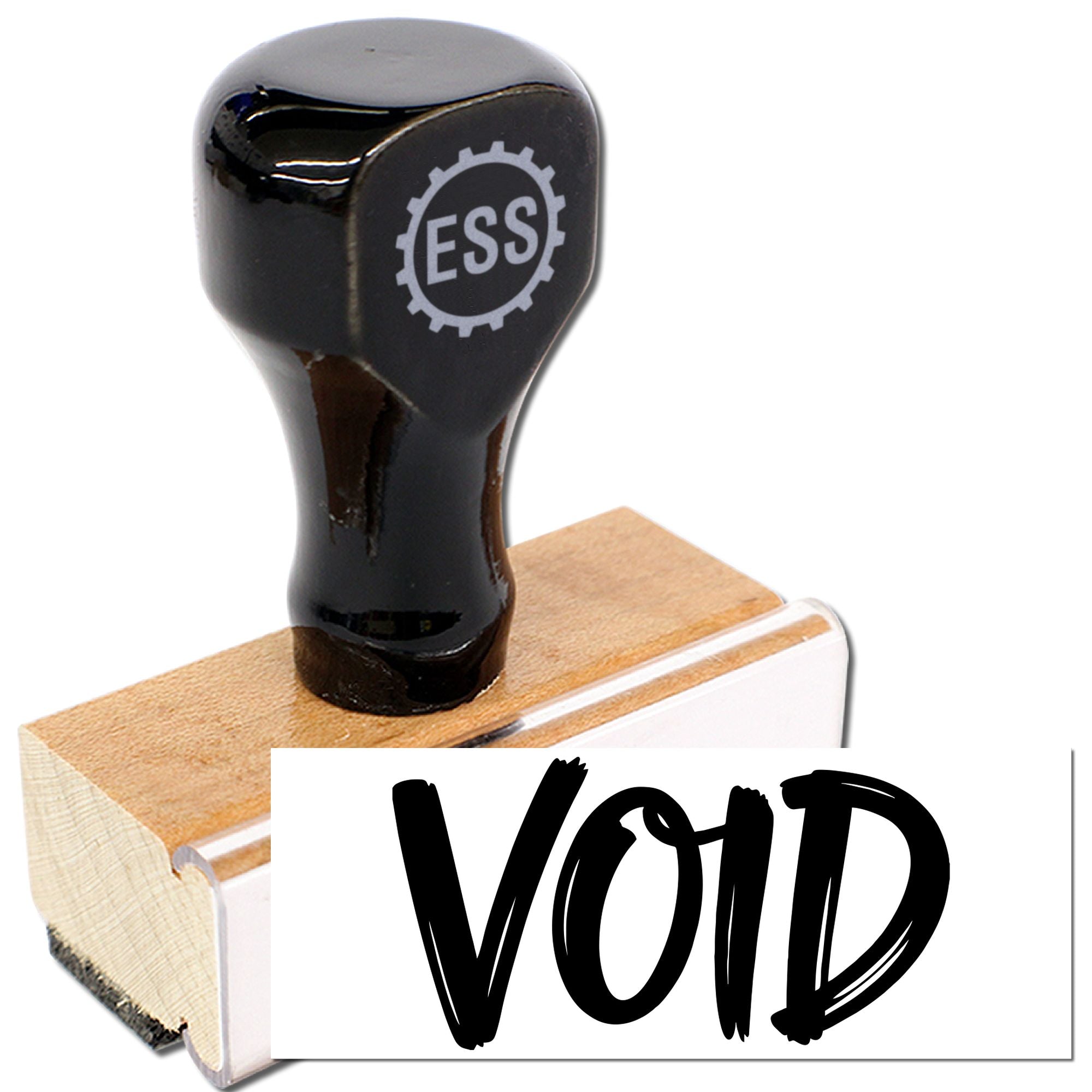 Black rubber stamp seal on wooden base imprinting bold VOID on white card