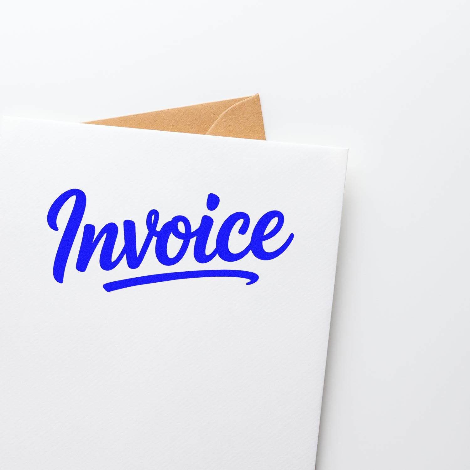 Blue Invoice stamp on white paper with tan envelope, for custom stamp and seal products.