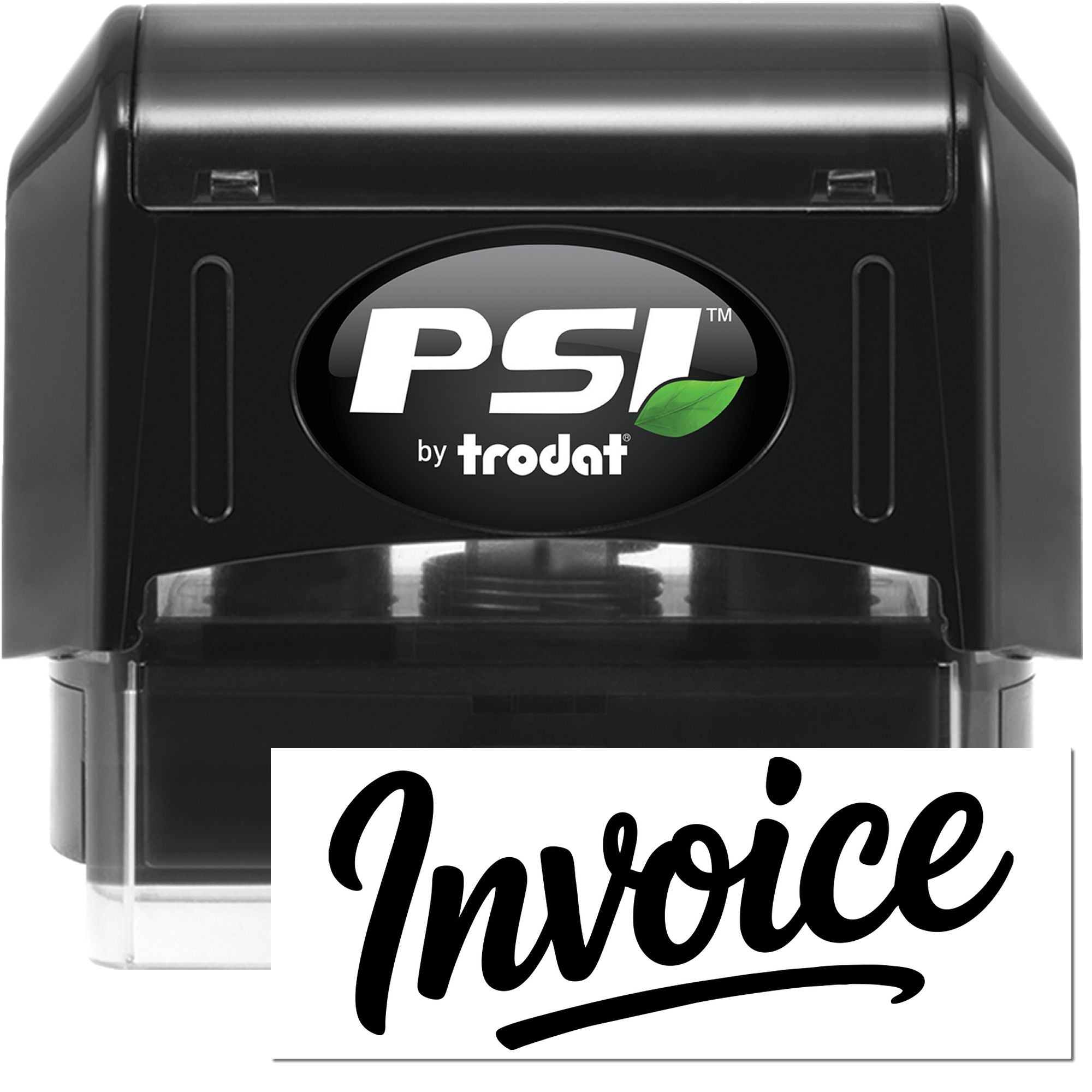 Black PSI by Trodat self-inking stamp and seal, black casing with green leaf logo and Invoice imprint.