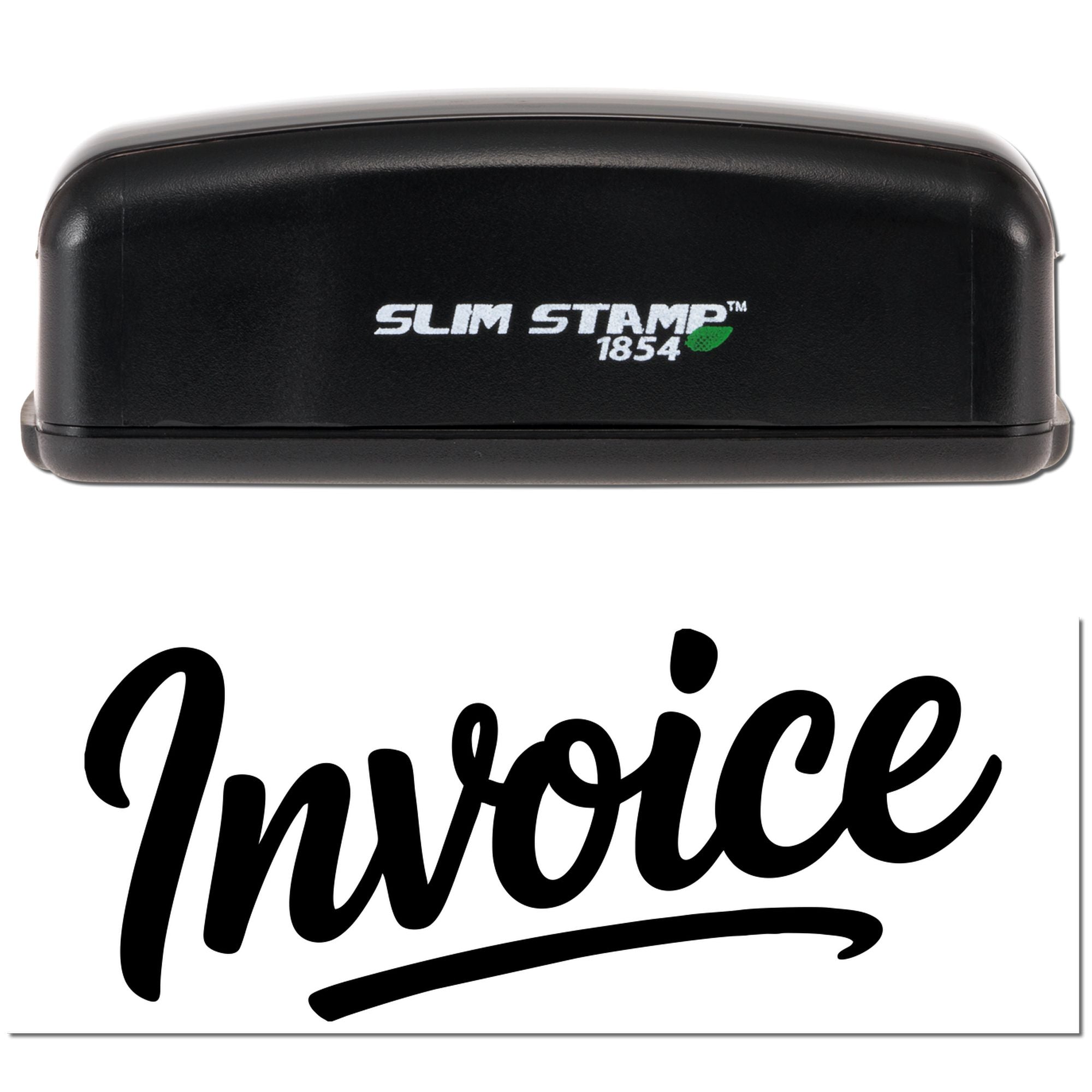 Black Slim Stamp 1854 self-inking stamp and seal with green logo, showing bold black 'Invoice' text on white.