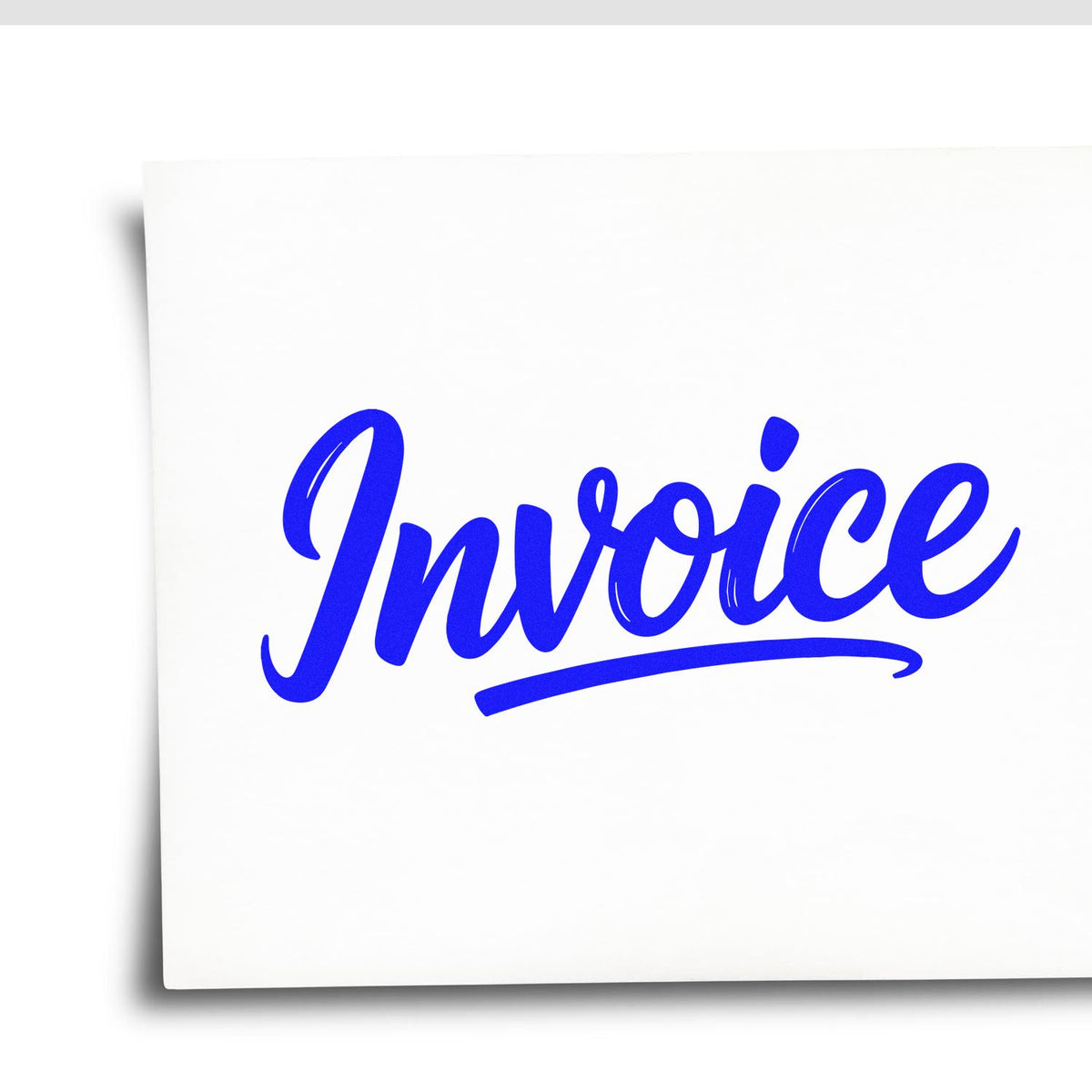 Blue Invoice stamp seal on white paper card, with bold cursive lettering and underline.