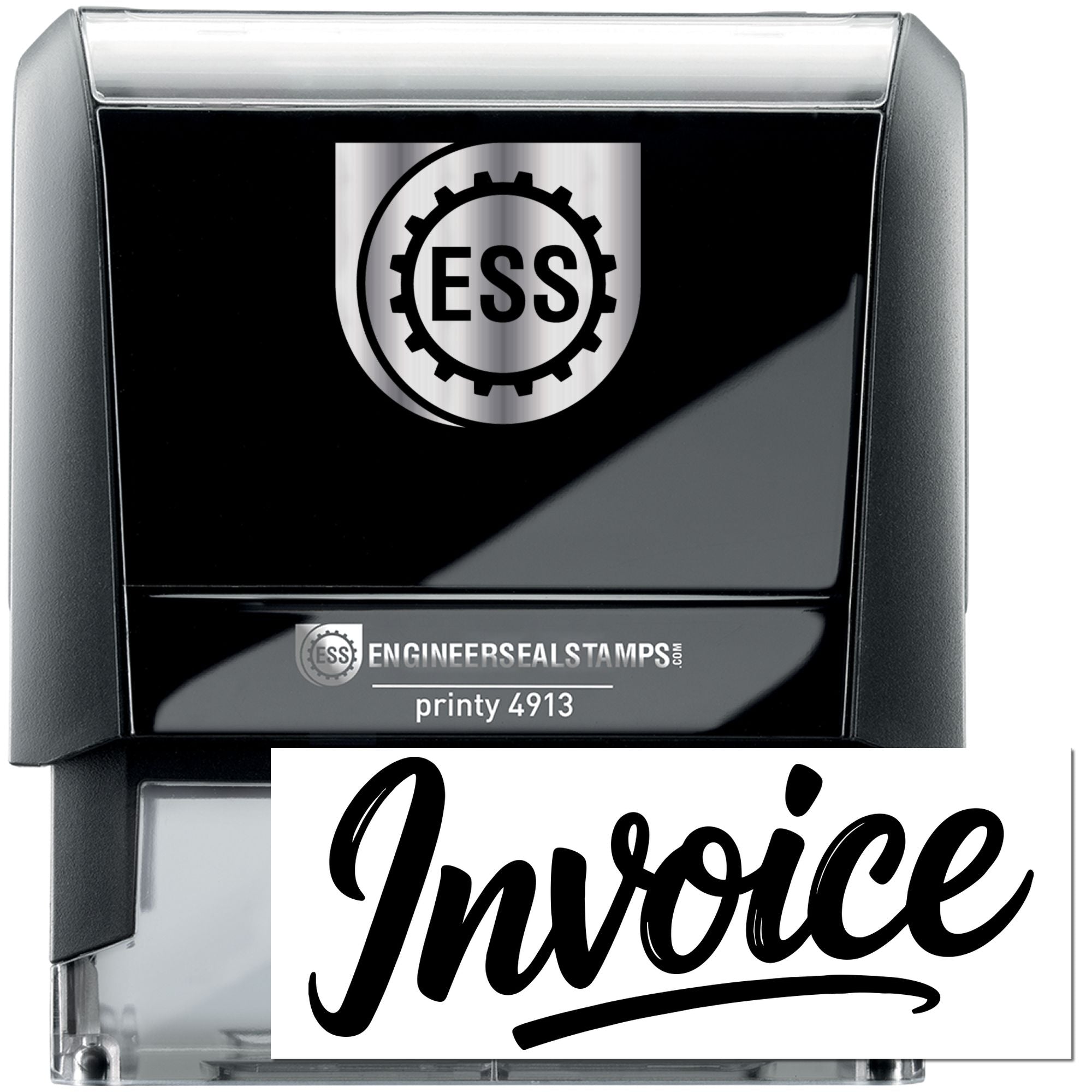 Black and silver self-inking engineer seal stamp with ESS logo and invoice insert