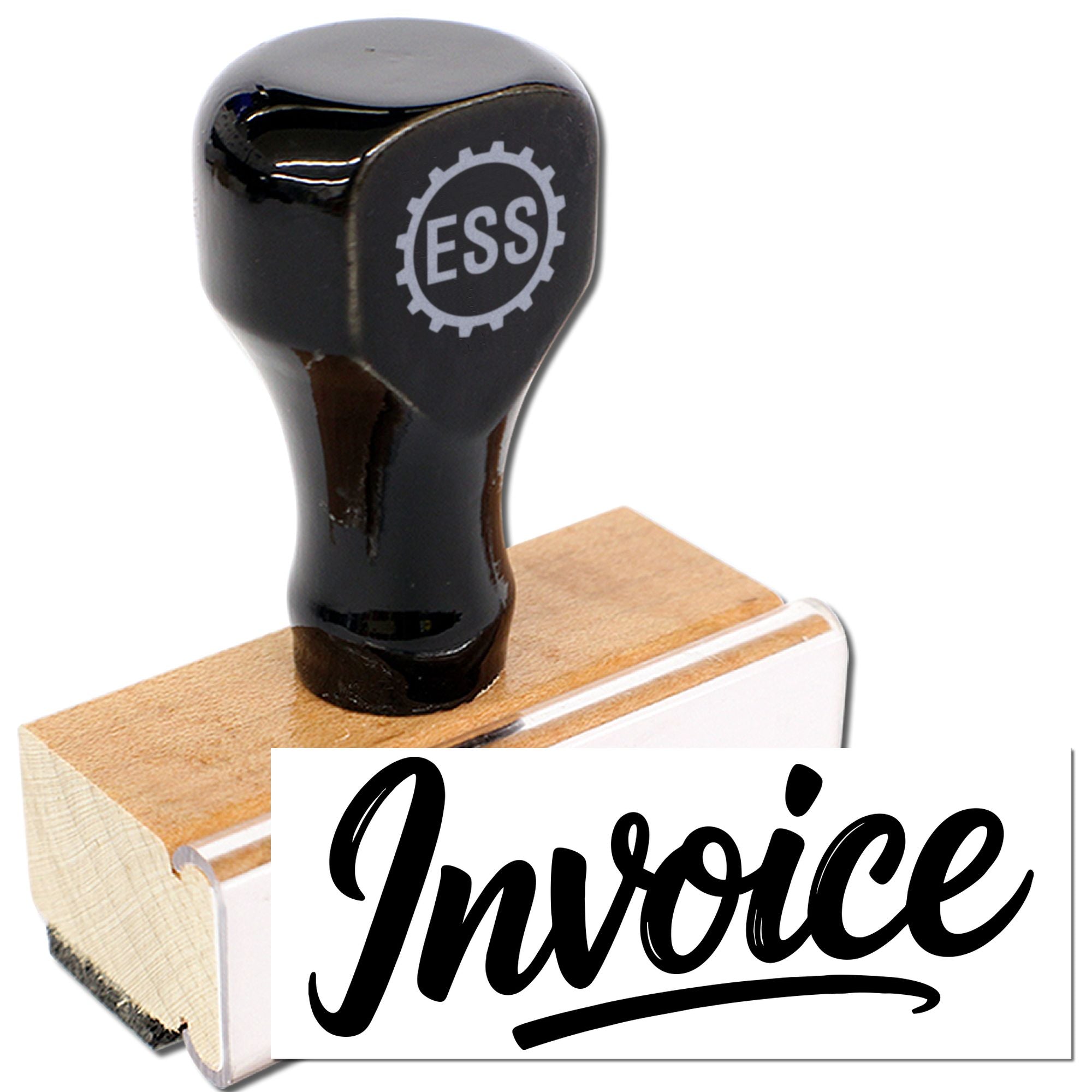 Black ESS rubber stamp seal on a wooden block with a white invoice card and bold cursive black text.