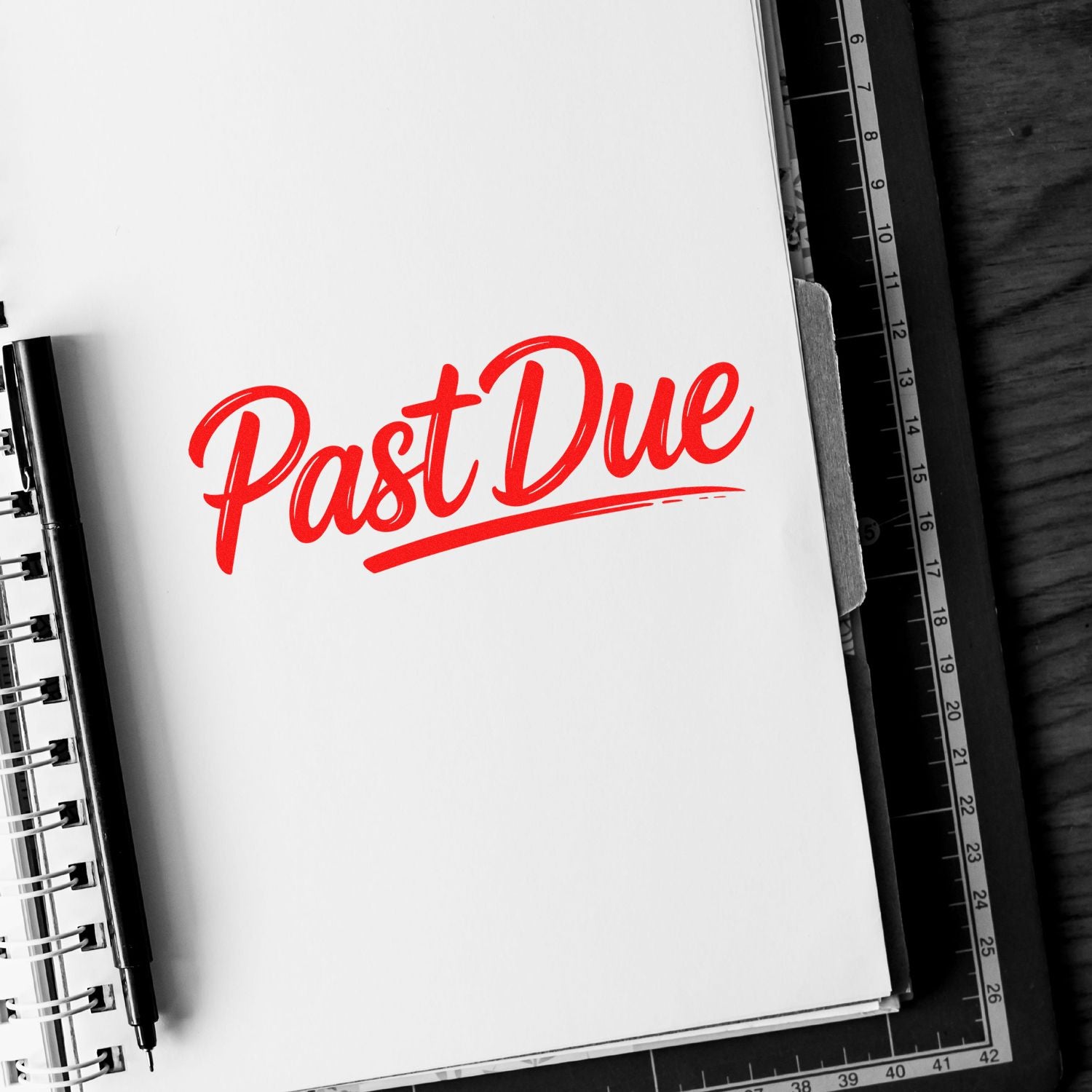Red Past Due stamp on a white notebook page, with a black pen and ruler along the edge.