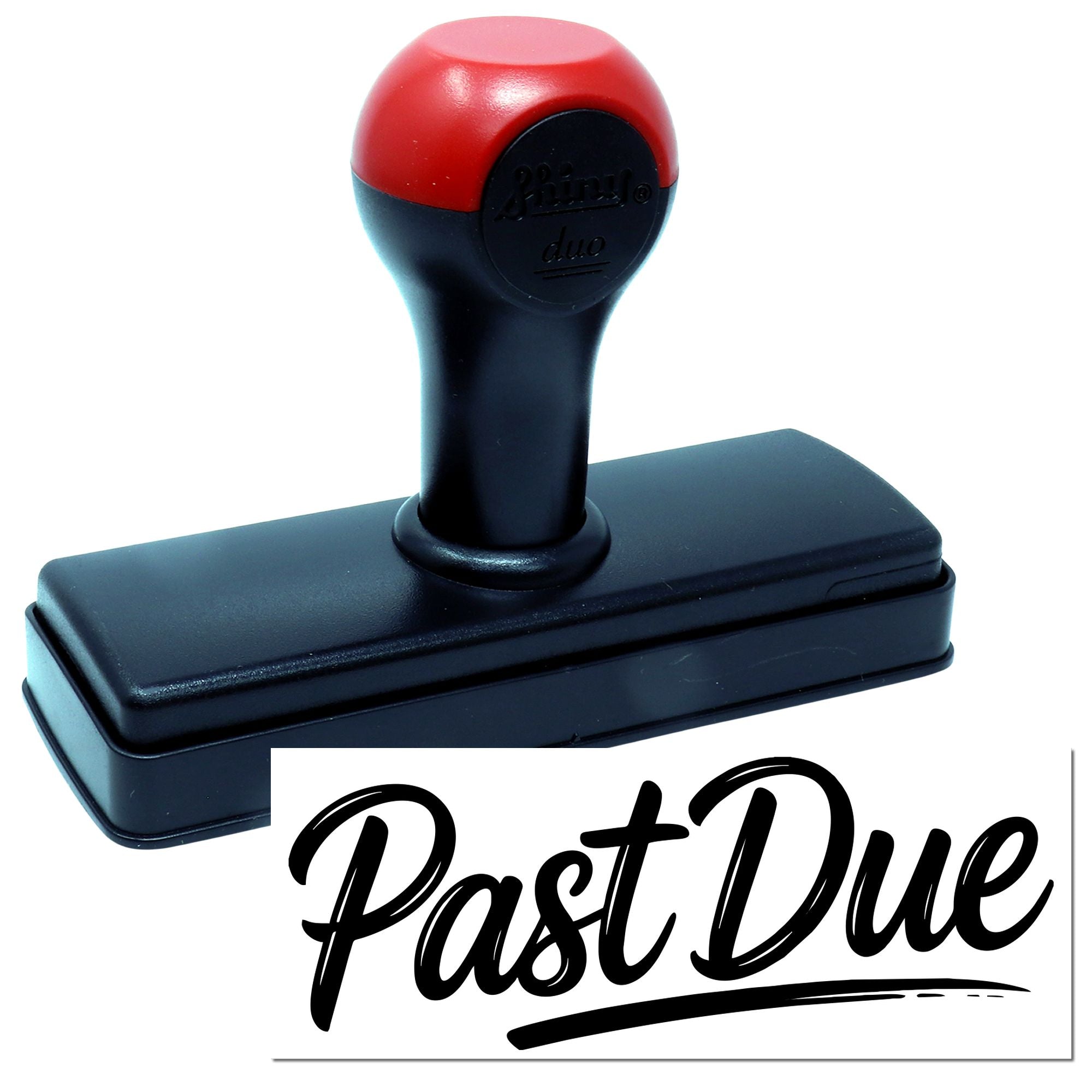 Red and black self-inking stamp and seal with rectangular base, showing Past Due in bold black script.
