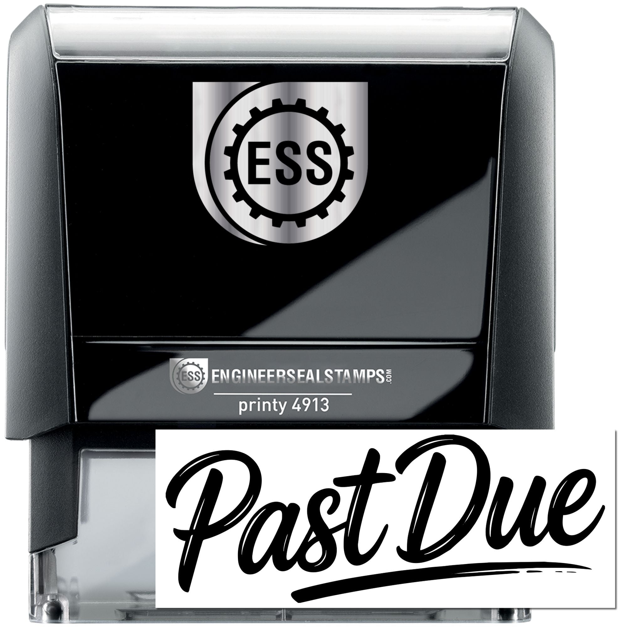 Black self-inking engineer seal stamp with silver trim, ESS logo, and Past Due marking