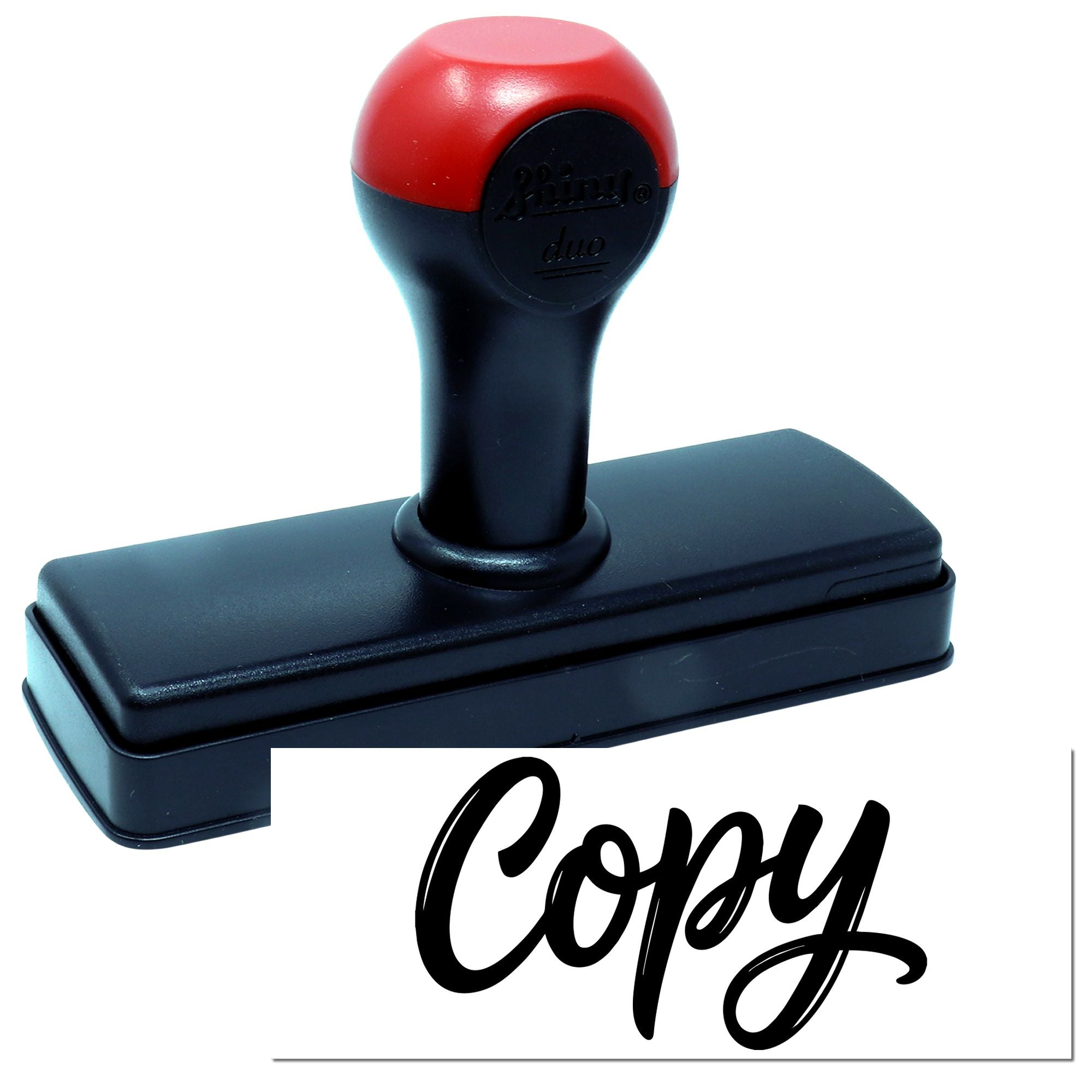 Red and black self-inking stamp and seal with rectangular black base and bold cursive Copy imprint
