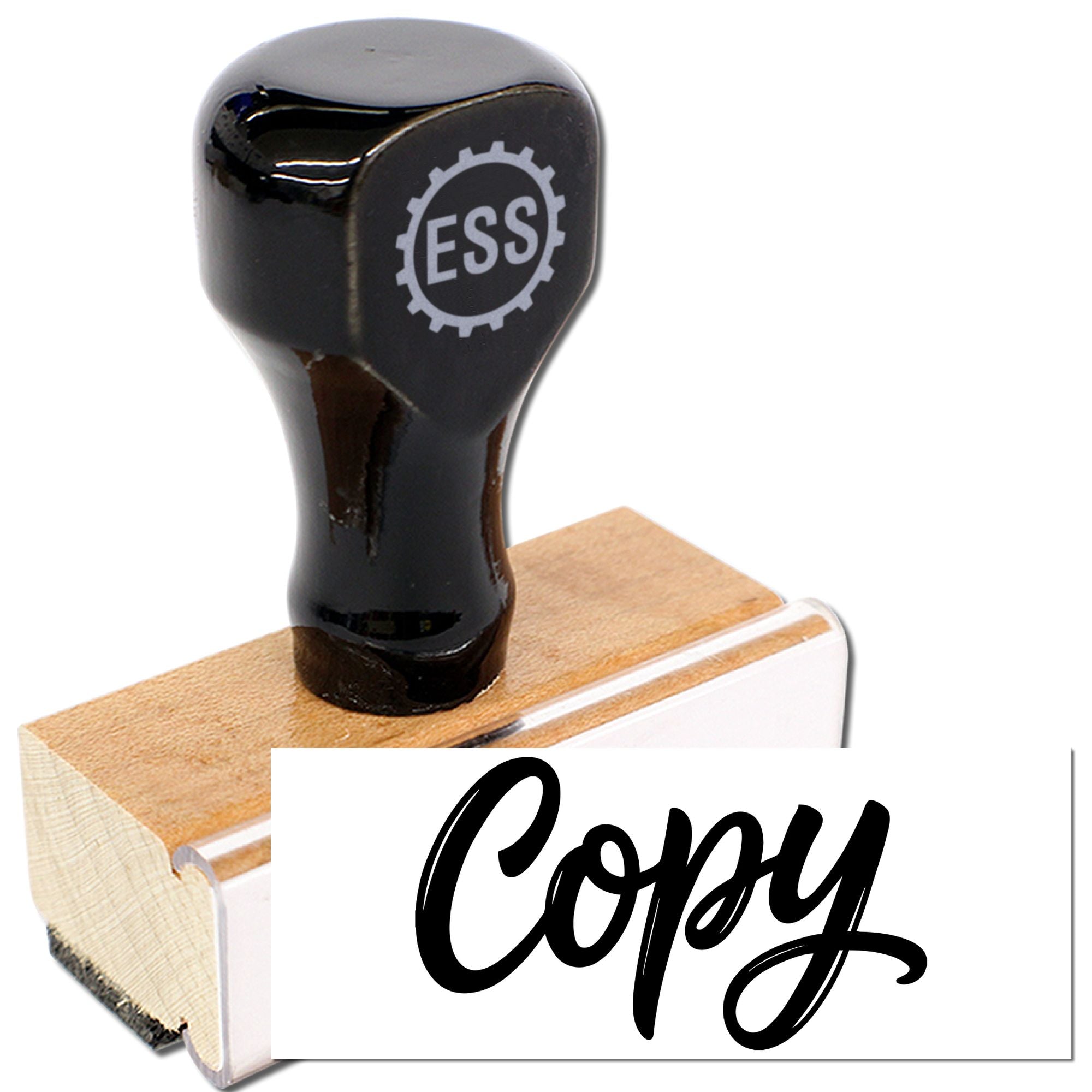 Black ESS rubber stamp and seal on wooden block, printing bold black Copy on white card.