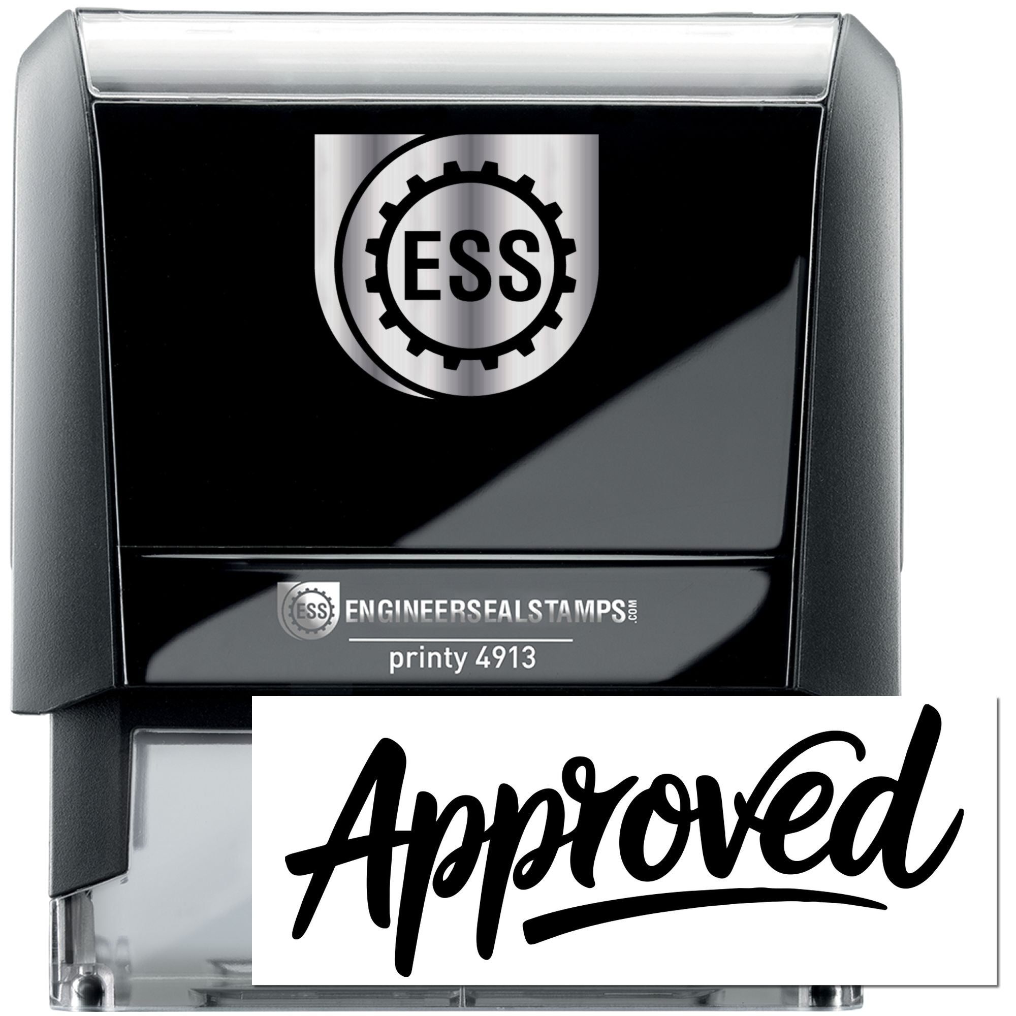 Black self-inking stamp and seal with silver ESS logo and bold black Approved impression on white