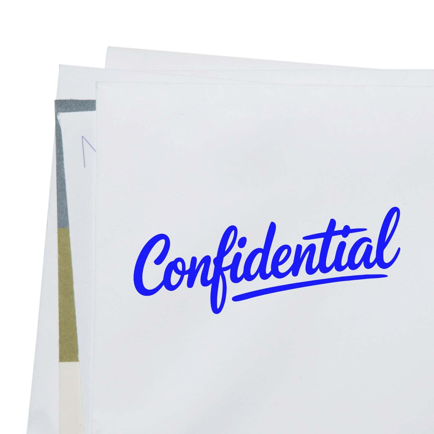 Bold blue Confidential stamp seal on stacked white sheets and envelopes