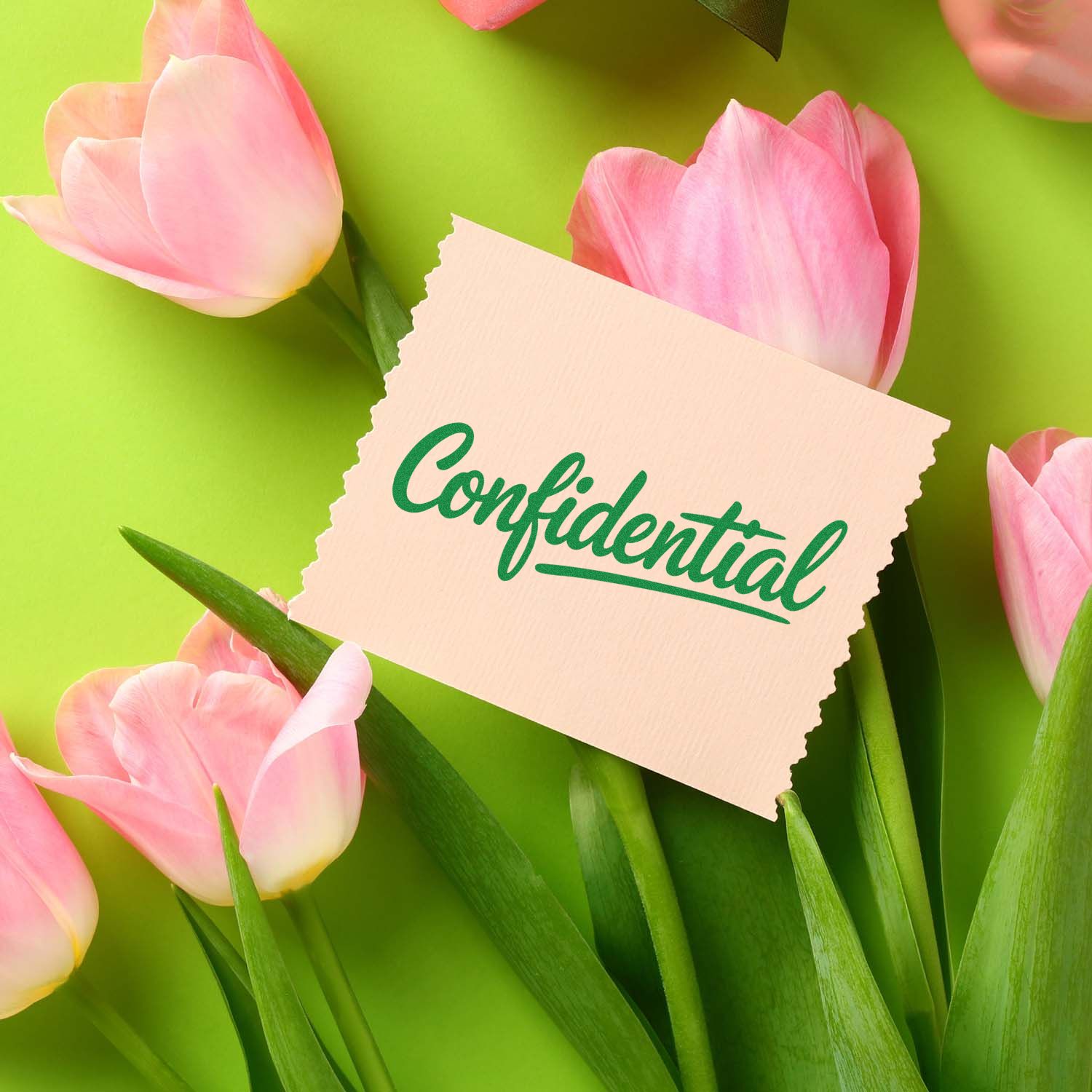 Beige confidential stamp seal card with green script, surrounded by pink tulips on a bright green background.