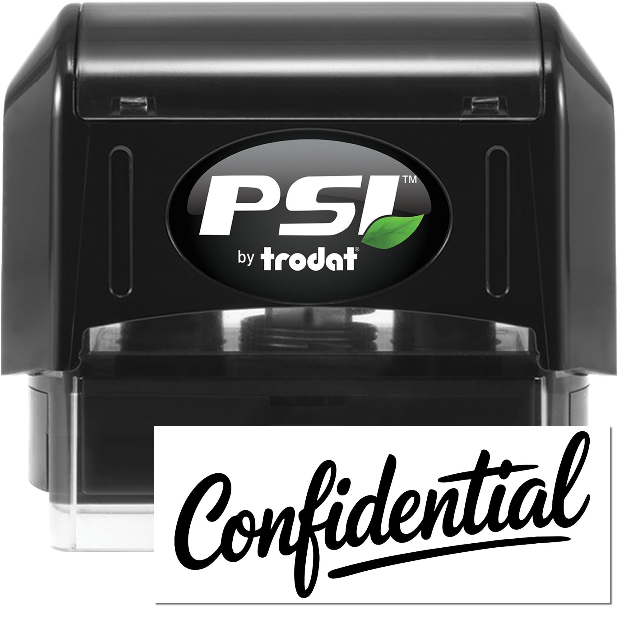 Black PSI by Trodat confidential self-inking stamp and seal, black casing with white Confidential imprint and clear base