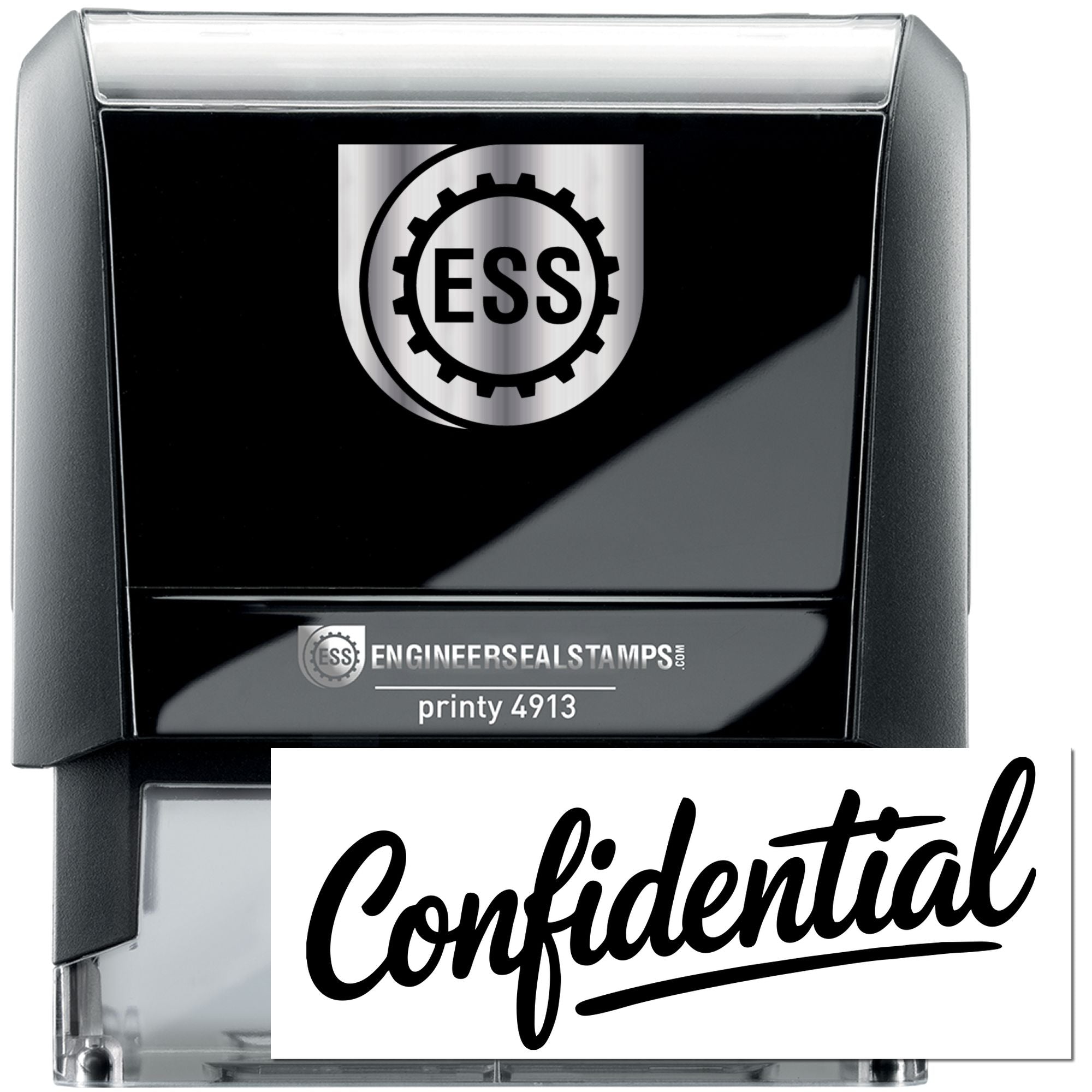 Black self-inking engineer seal stamp with silver top, ESS logo, and Confidential script imprint.