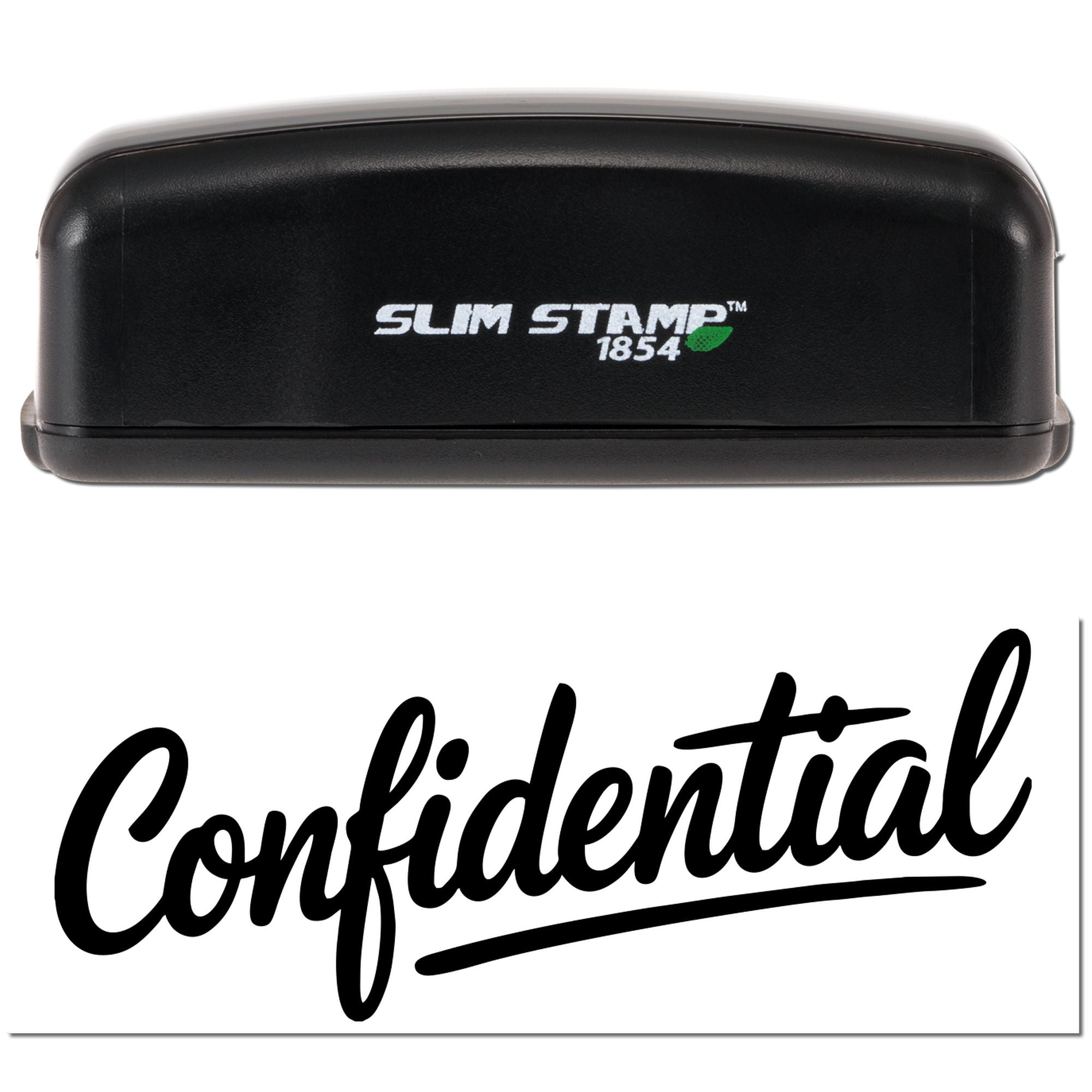 Black Slim Stamp 1854 stamp and seal set with green leaf logo, showing a bold black Confidential script on white.