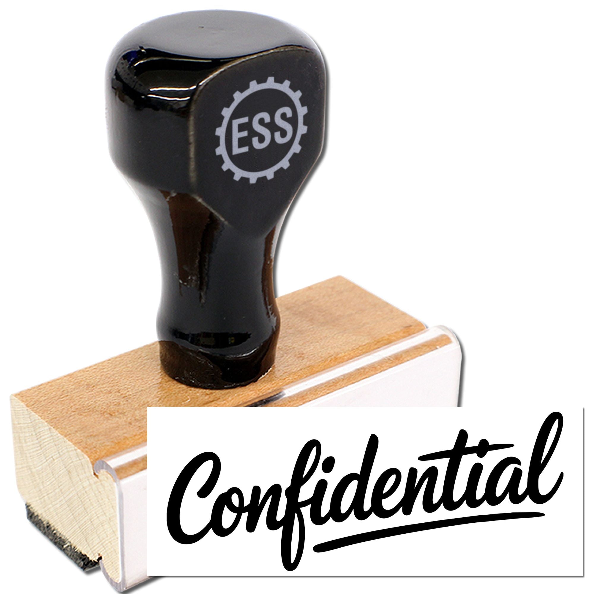 Black self-inking confidentiality stamp with glossy black handle, wooden base, and white label reading Confidential