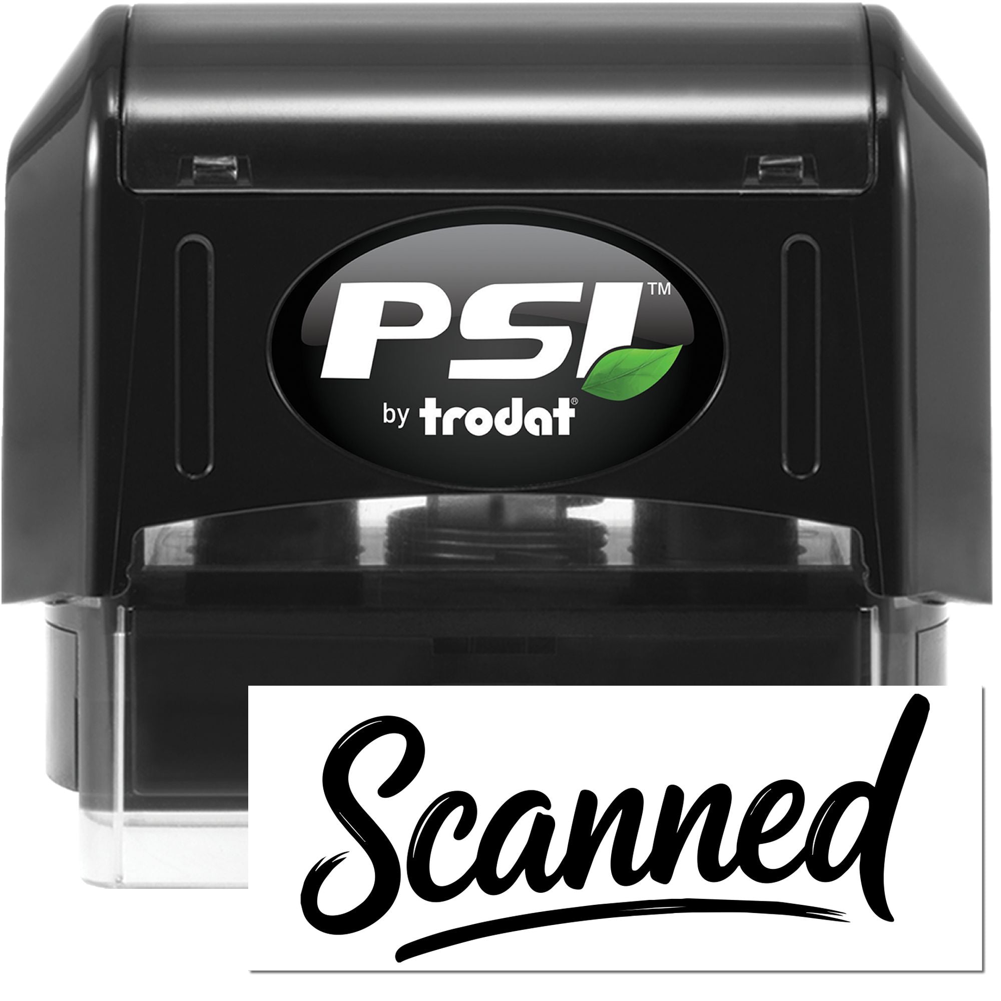 Black PSI by Trodat self-inking stamp with green leaf logo and large white Scanned seal