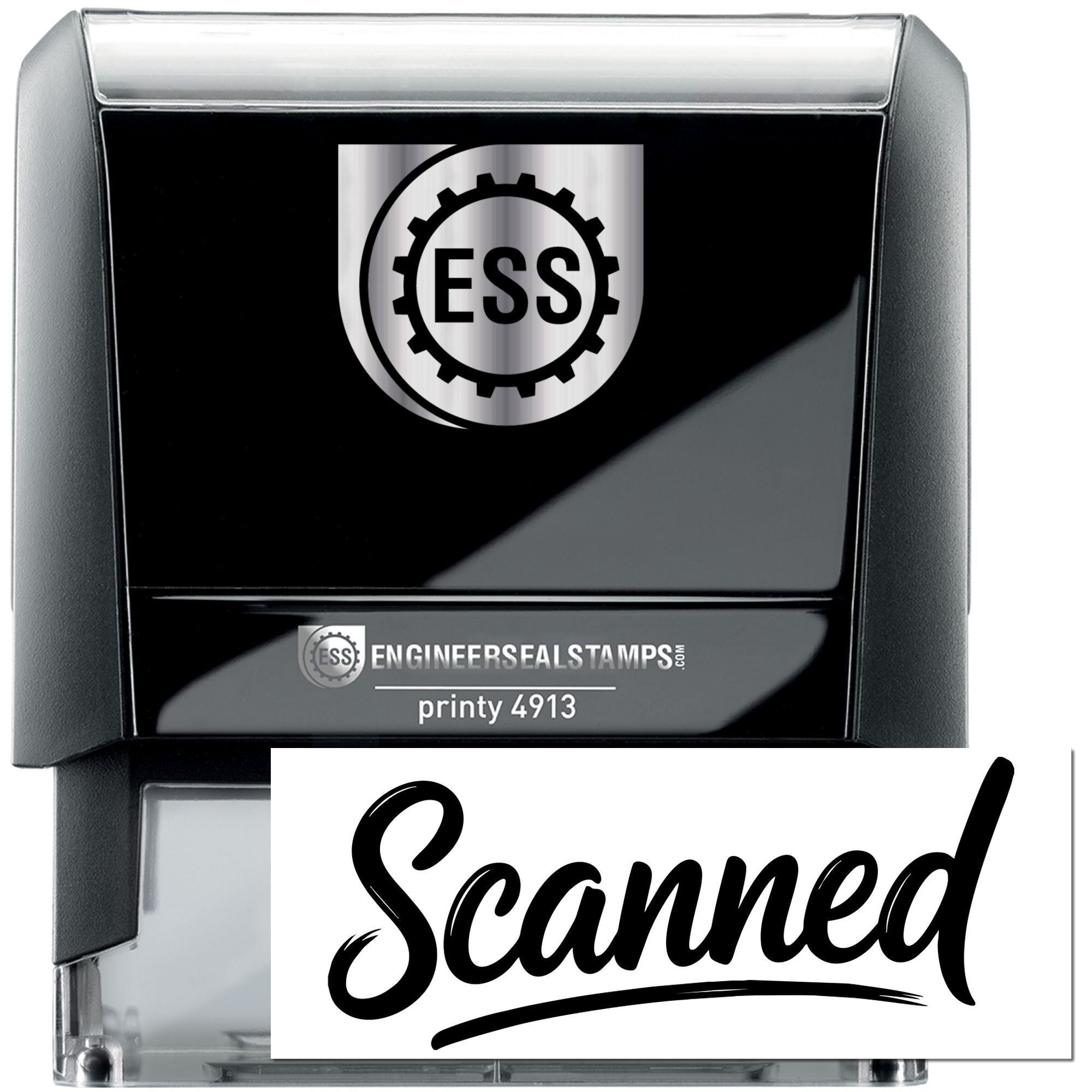 Black and silver self-inking ESS stamp and seal with gear logo, Printy 4913, showing a bold Scanned imprint.