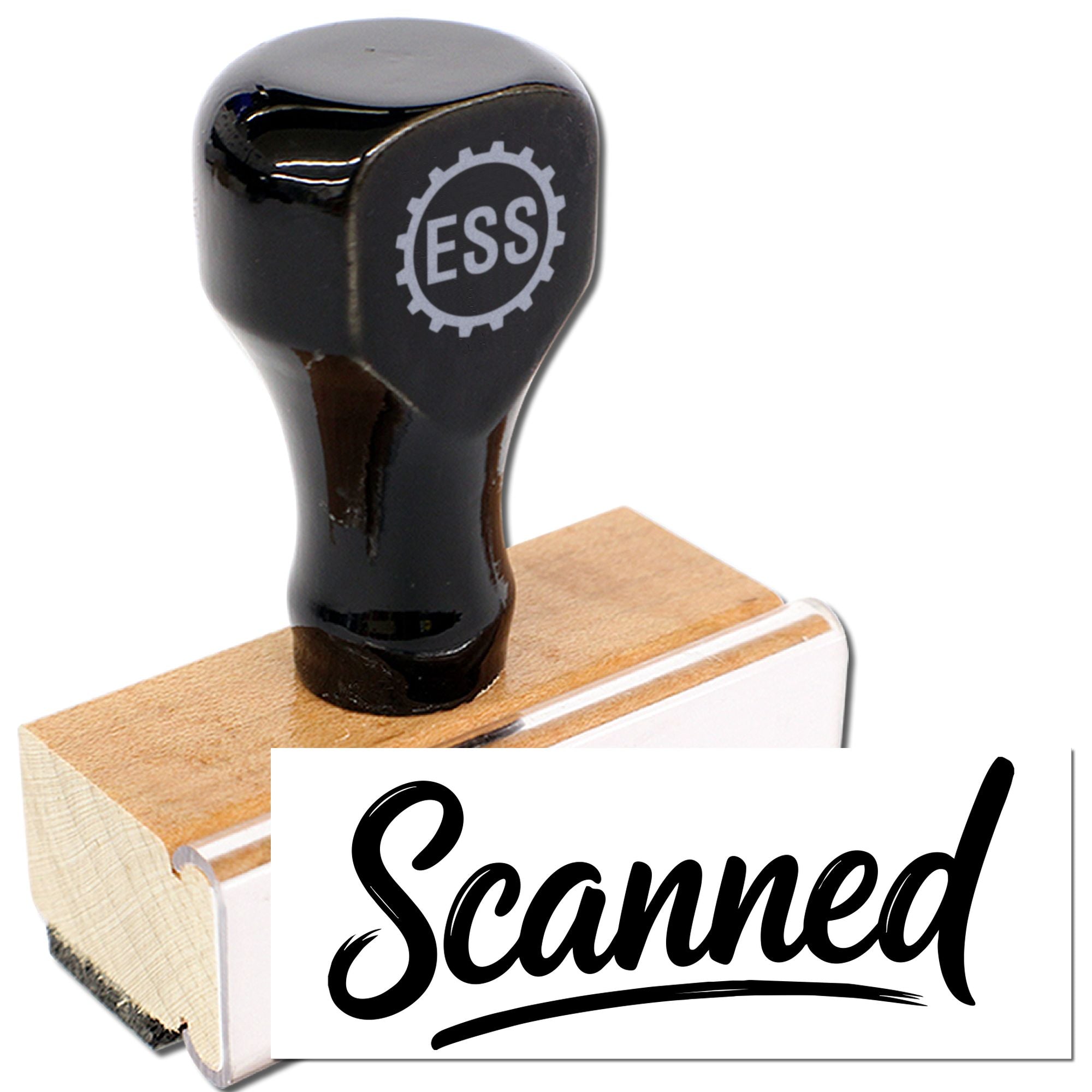 Black rubber stamp and wooden seal with ESS logo, showing Scanned impression on white background.