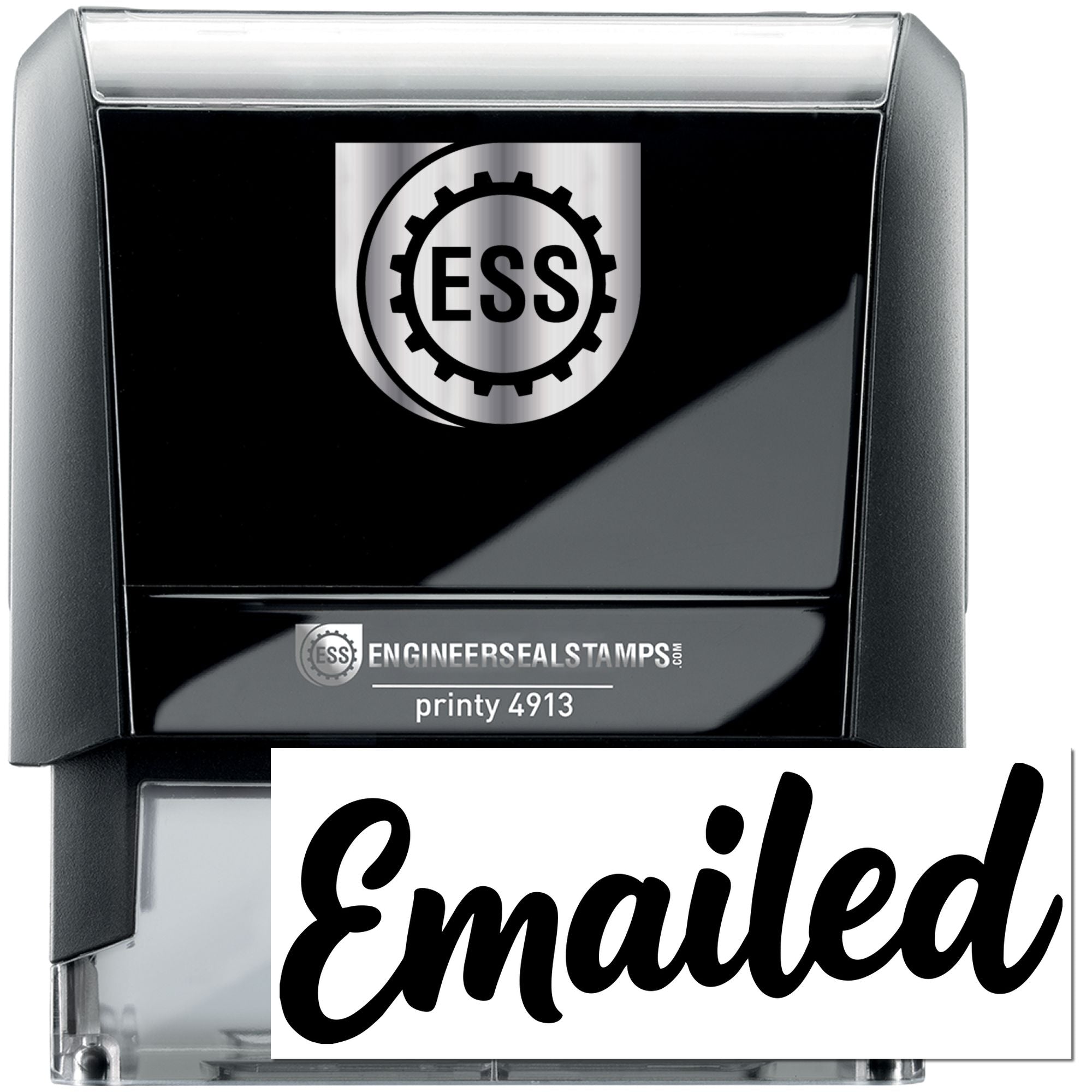 Black and silver self-inking Engineer Seal Stamps stamp with ESS gear logo and bold Emailed text.