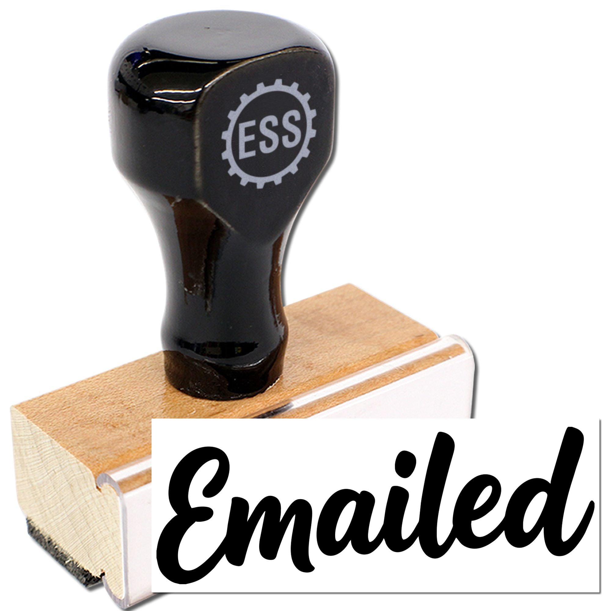 Black rubber stamp and seal with wooden base, marked ESS, stamping Emailed in black script on white card.