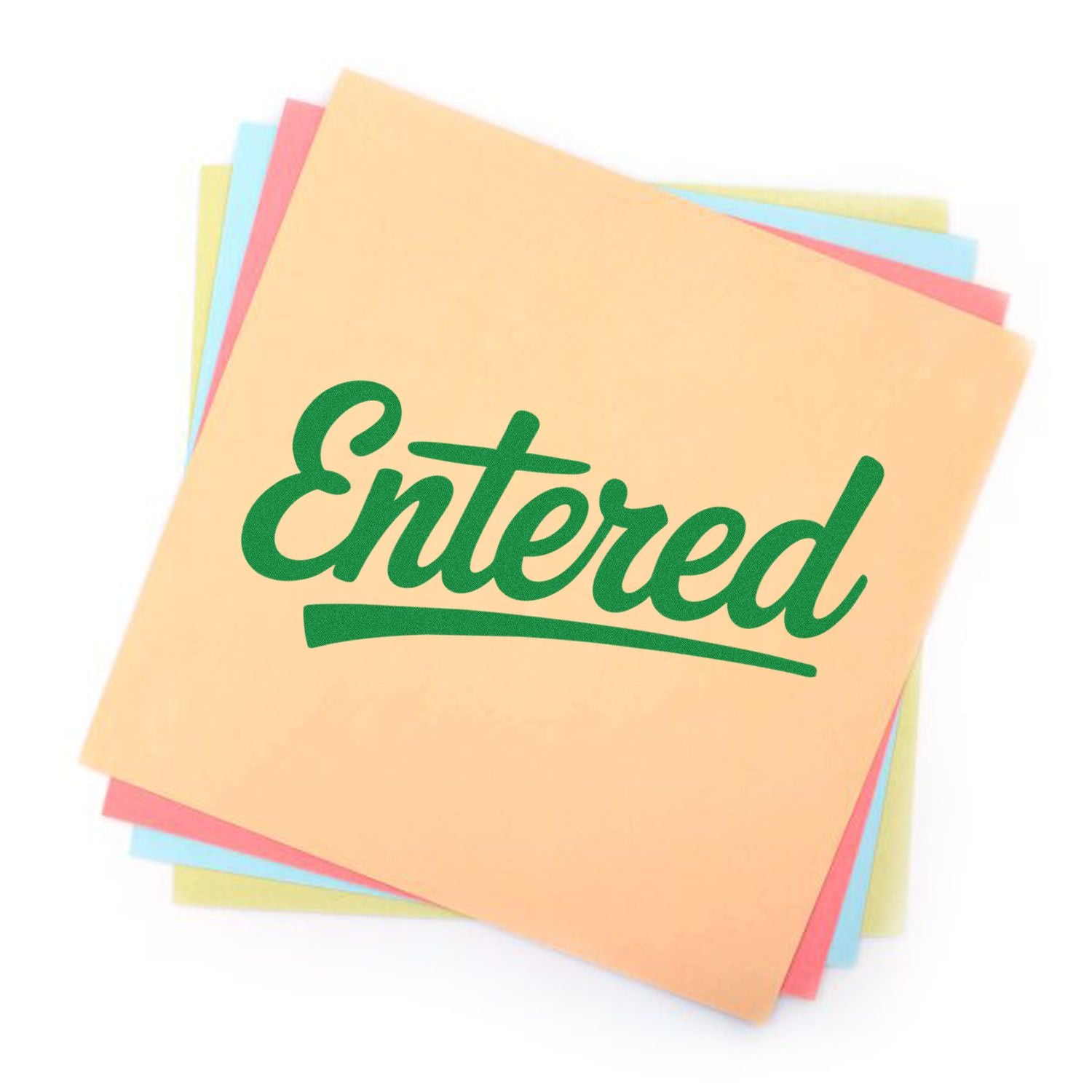 Pastel stamp and seal sheets with green Entered imprint, stacked in peach, pink, blue, and yellow.