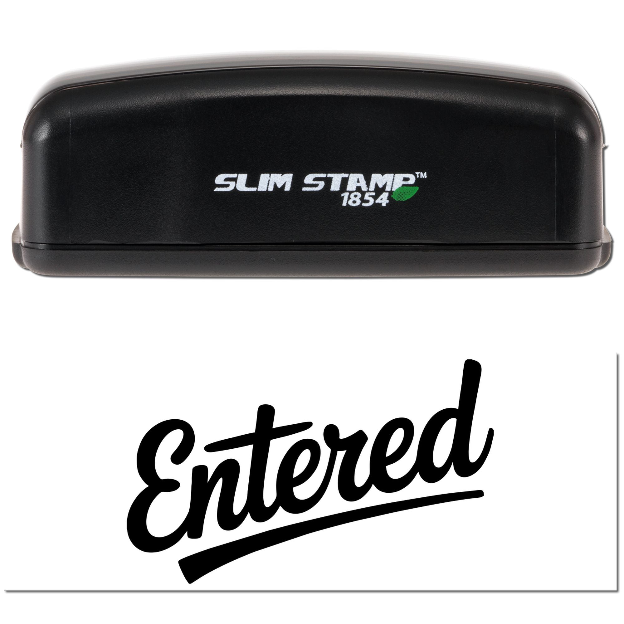 Black Slim Stamp 1854 embosser with white logo and sample raised Entered seal on white background.