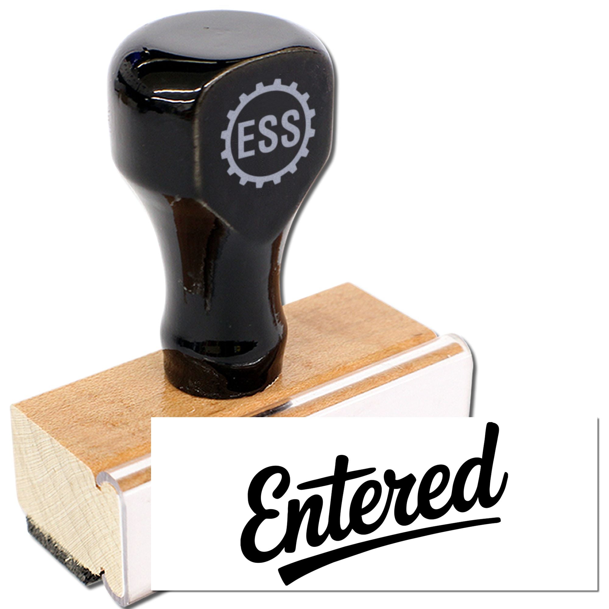 Black ESS rubber stamp with wooden handle and white Entered imprint, a stamp and seal product.
