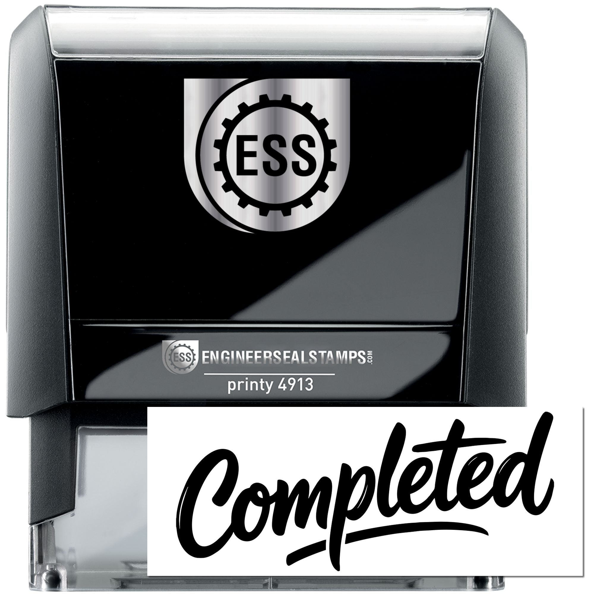 Black self-inking engineer seal stamp with ESS logo and bold Completed imprint.