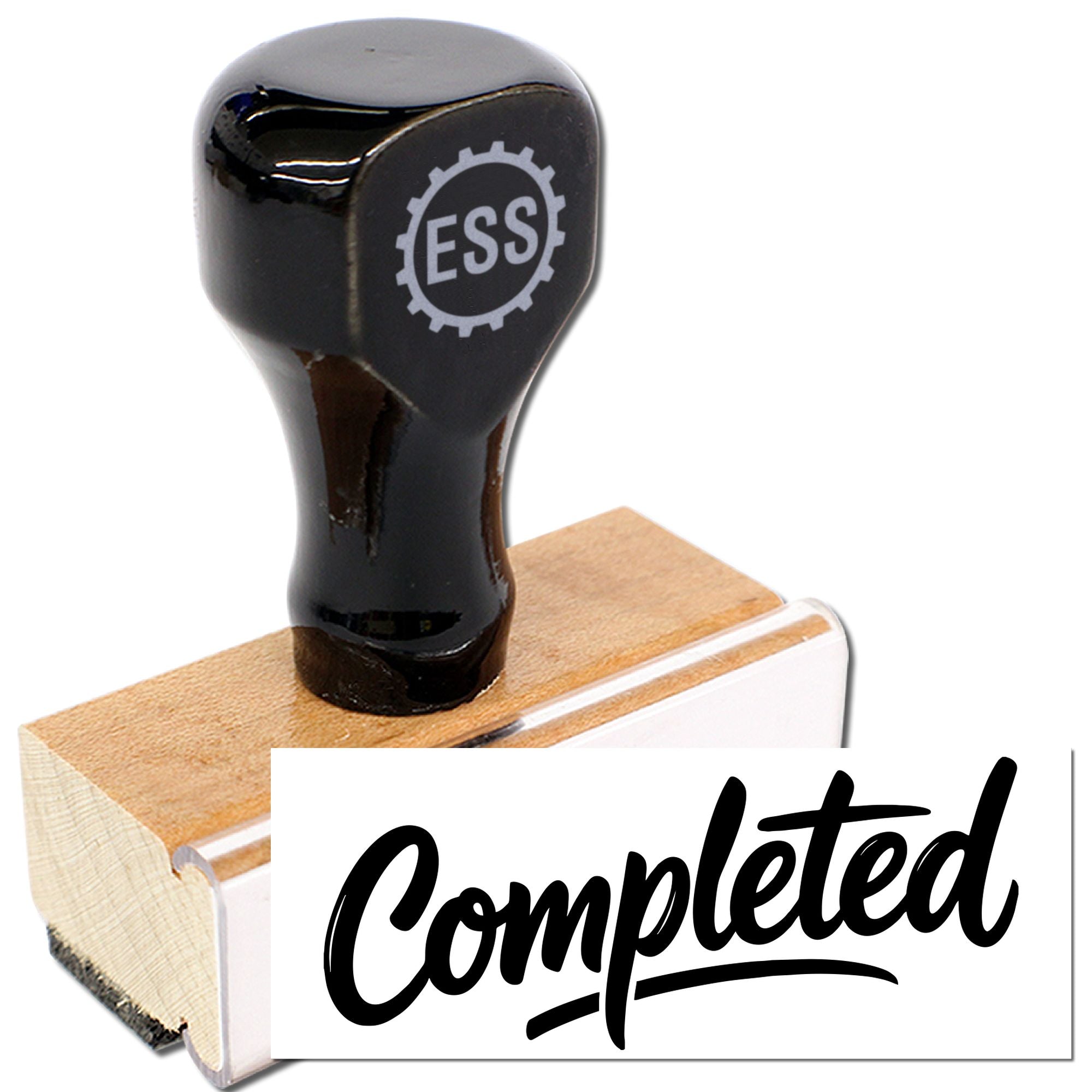 Black rubber stamp and seal on wooden base with Completed imprint in bold script.