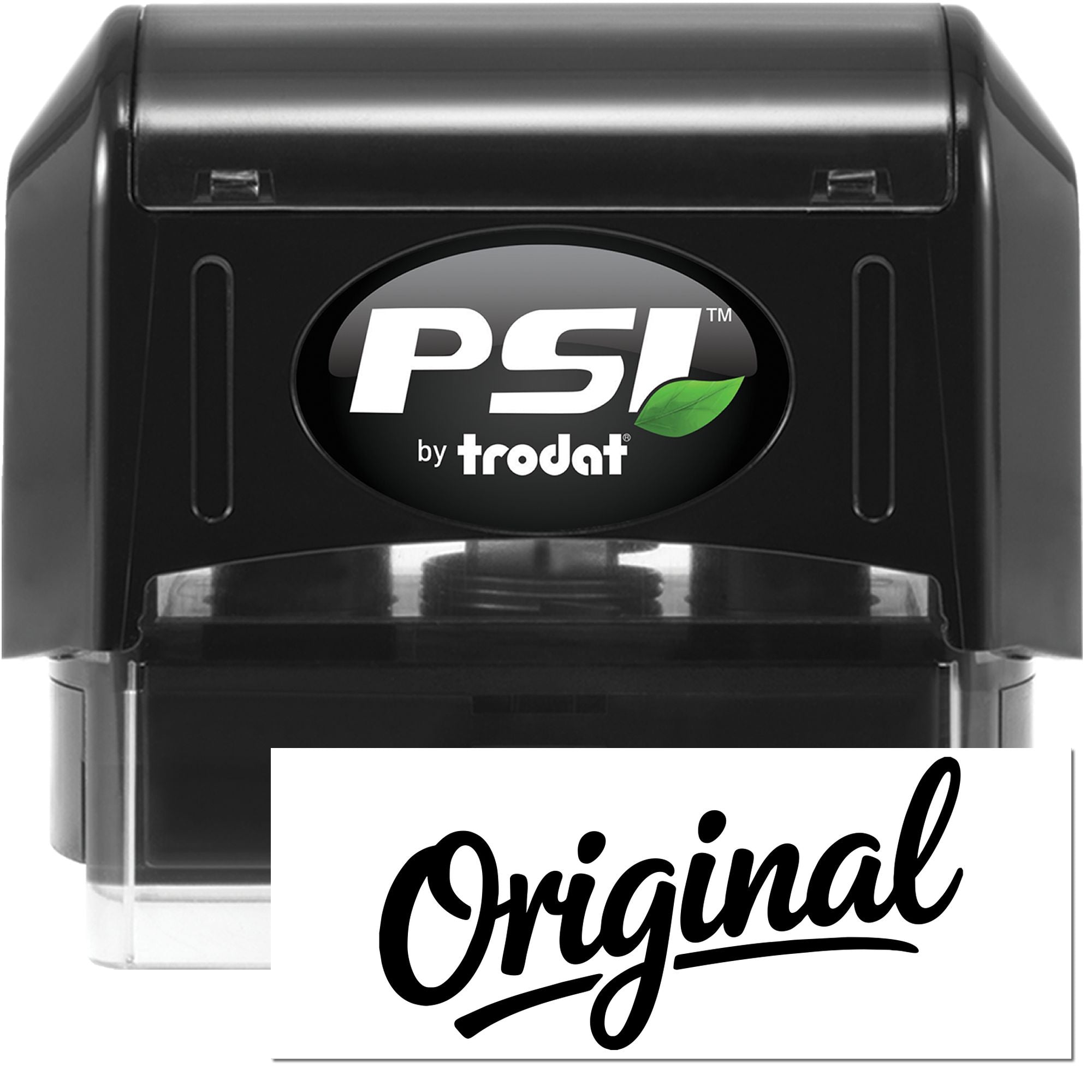 Black PSI by Trodat self-inking stamp with green leaf logo and white Original seal graphic