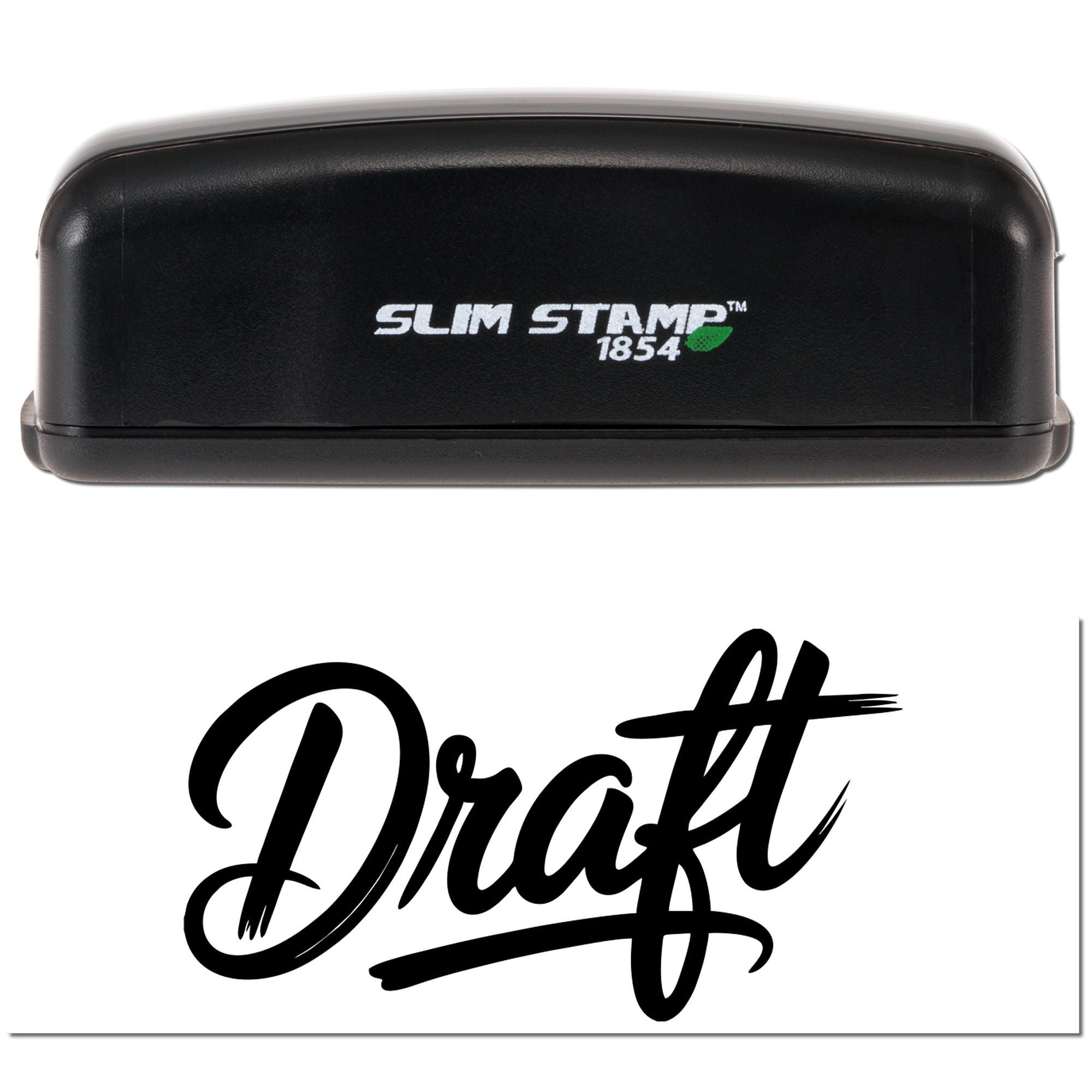 Black Slim Stamp 1854 self-inking stamp with bold draft seal logo on white background.