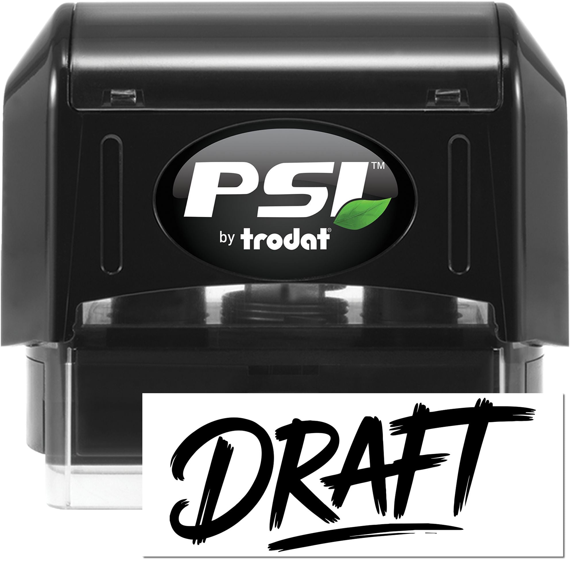 Black PSI by Trodat self-inking stamp and seal with green leaf logo and bold DRAFT imprint on white background.