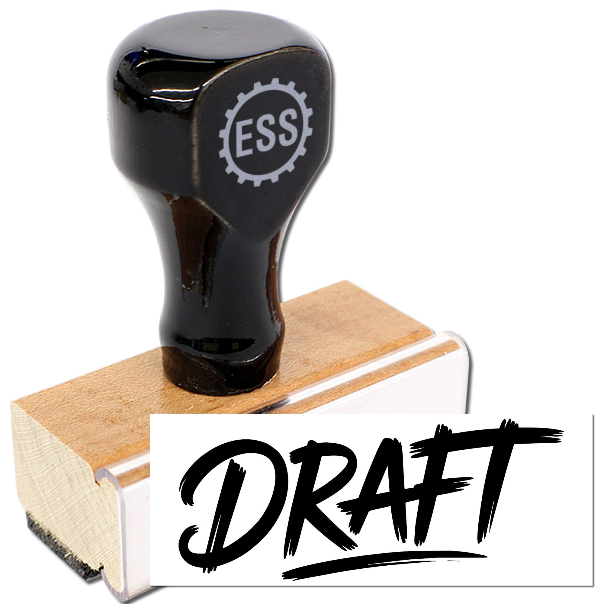 Black rubber stamp on wooden block with DRAFT impression and ESS gear logo, a seal marking product.
