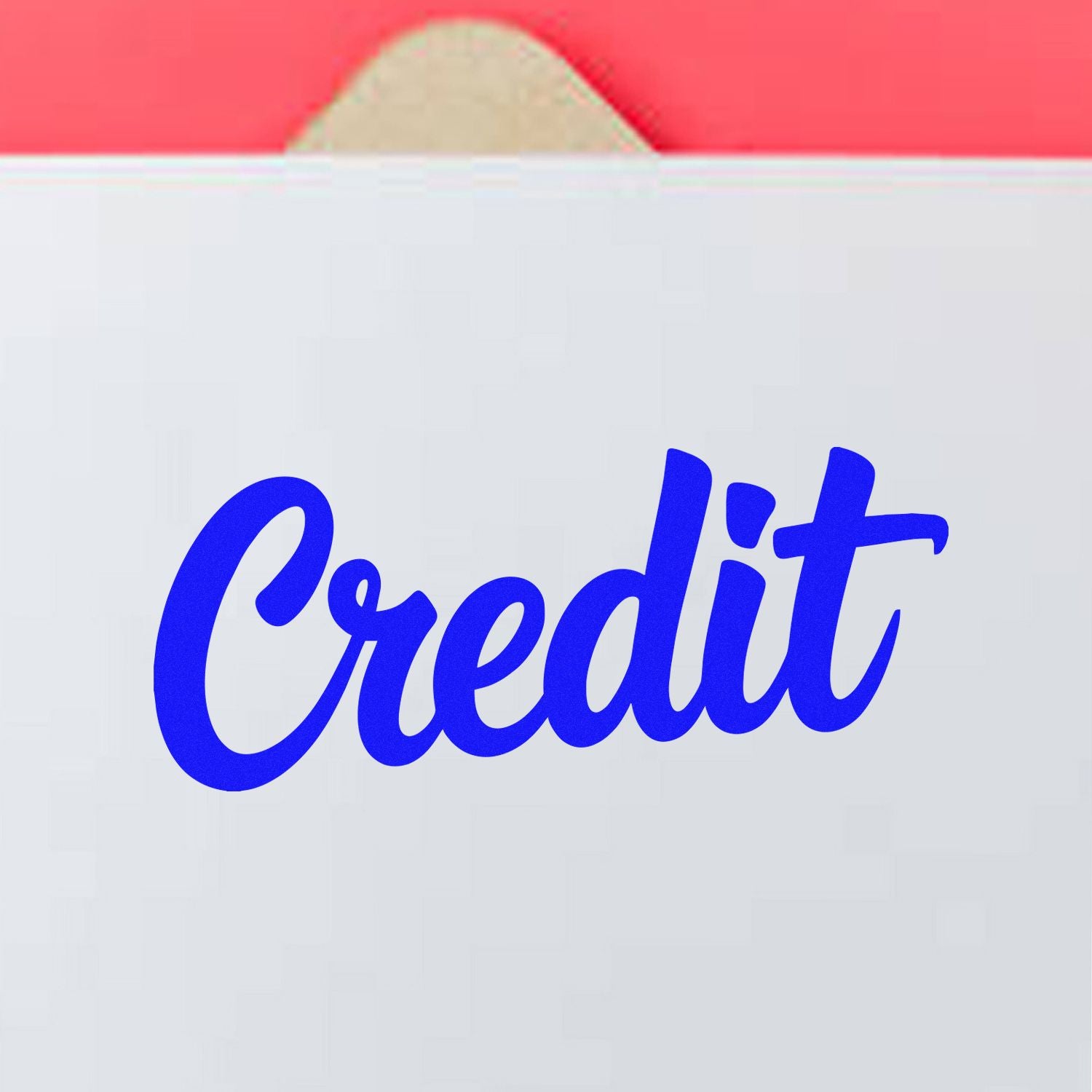 Blue Credit stamp on white seal label with a red envelope flap above