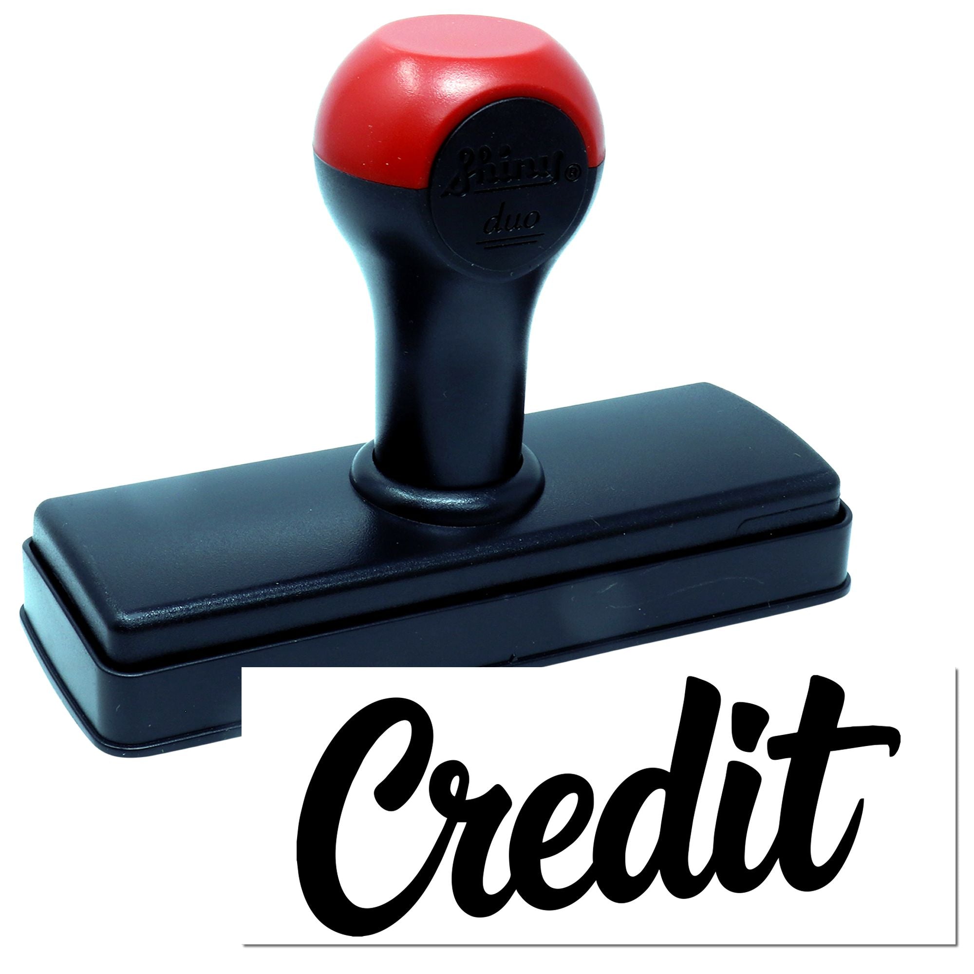 Red-and-black self-inking stamp and seal with rectangular base and bold Credit imprint
