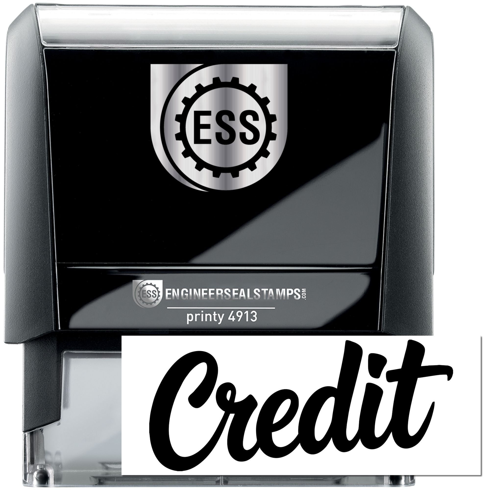 Black self-inking credit stamp with silver ESS engineer seal logo, printy 4913.